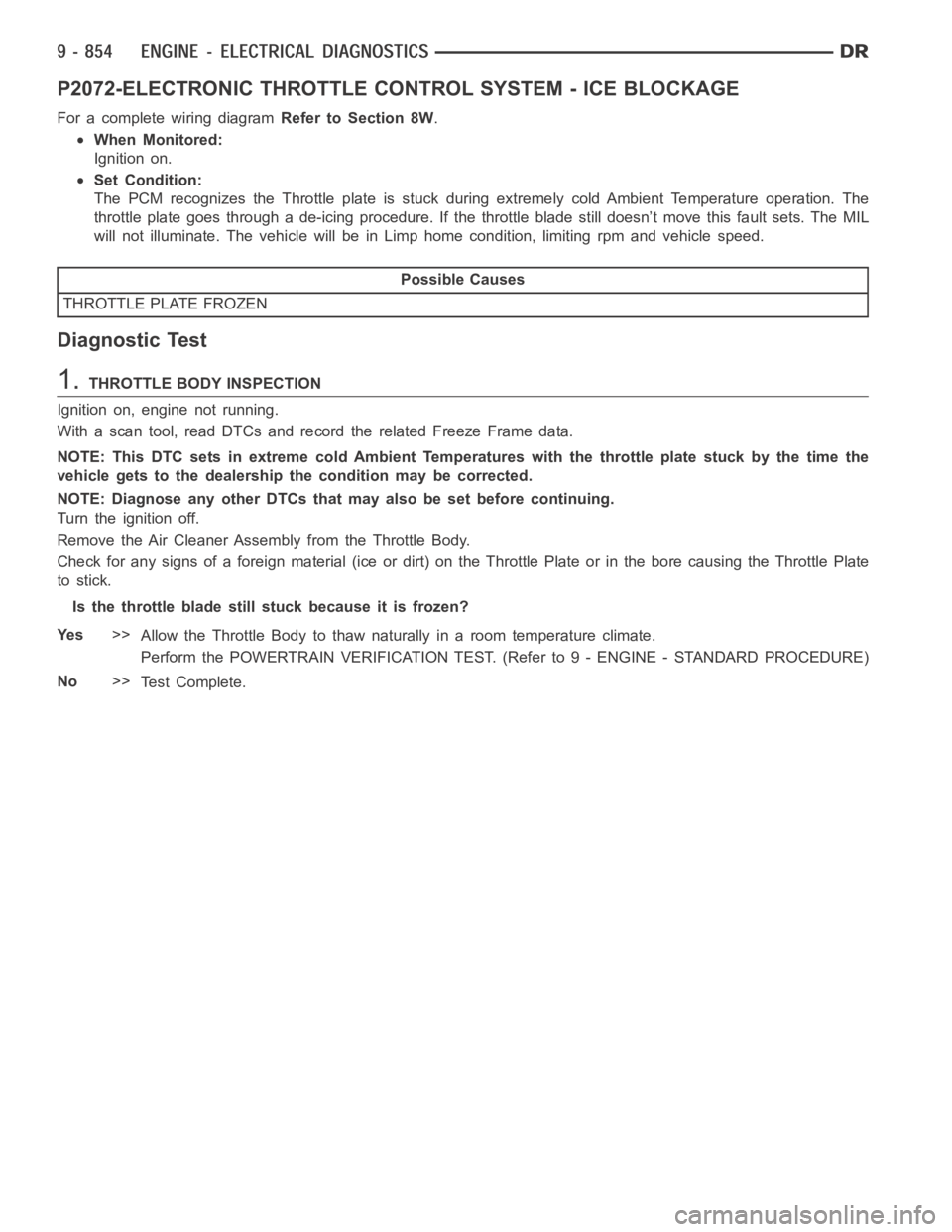 DODGE RAM SRT-10 2006 Service Repair Manual P2072-ELECTRONIC THROTTLE CONTROL SYSTEM - ICE BLOCKAGE
For a complete wiring diagramRefer to Section 8W.
When Monitored:
Ignition on.
Set Condition:
The PCM recognizes the Throttle plate is stuck dur DODGE RAM SRT-10 2006 Service Repair Manual P2072-ELECTRONIC THROTTLE CONTROL SYSTEM - ICE BLOCKAGE
For a complete wiring diagramRefer to Section 8W.
When Monitored:
Ignition on.
Set Condition:
The PCM recognizes the Throttle plate is stuck dur
