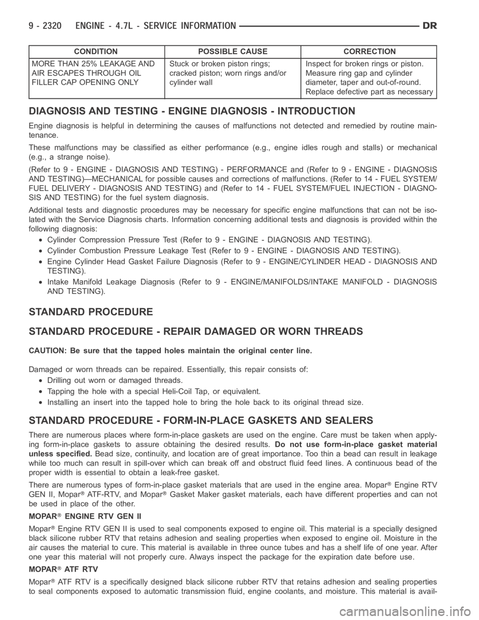 DODGE RAM SRT-10 2006  Service Repair Manual CONDITION POSSIBLE CAUSE CORRECTION
MORE THAN 25% LEAKAGE AND
AIR ESCAPES THROUGH OIL
FILLER CAP OPENING ONLYStuckorbrokenpistonrings;
cracked piston; worn rings and/or
cylinder wallInspect for broken