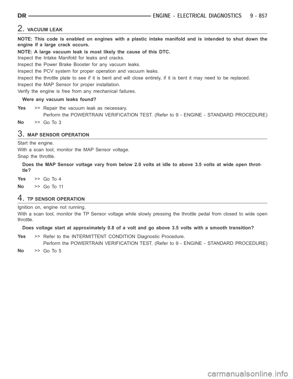 DODGE RAM SRT-10 2006  Service Owners Guide 2.VACUUM LEAK
NOTE: This code is enabled on engines with a plastic intake manifold and is intended to shut down the
engine if a large crack occurs.
NOTE: A large vacuum leak is most likely the cause o
