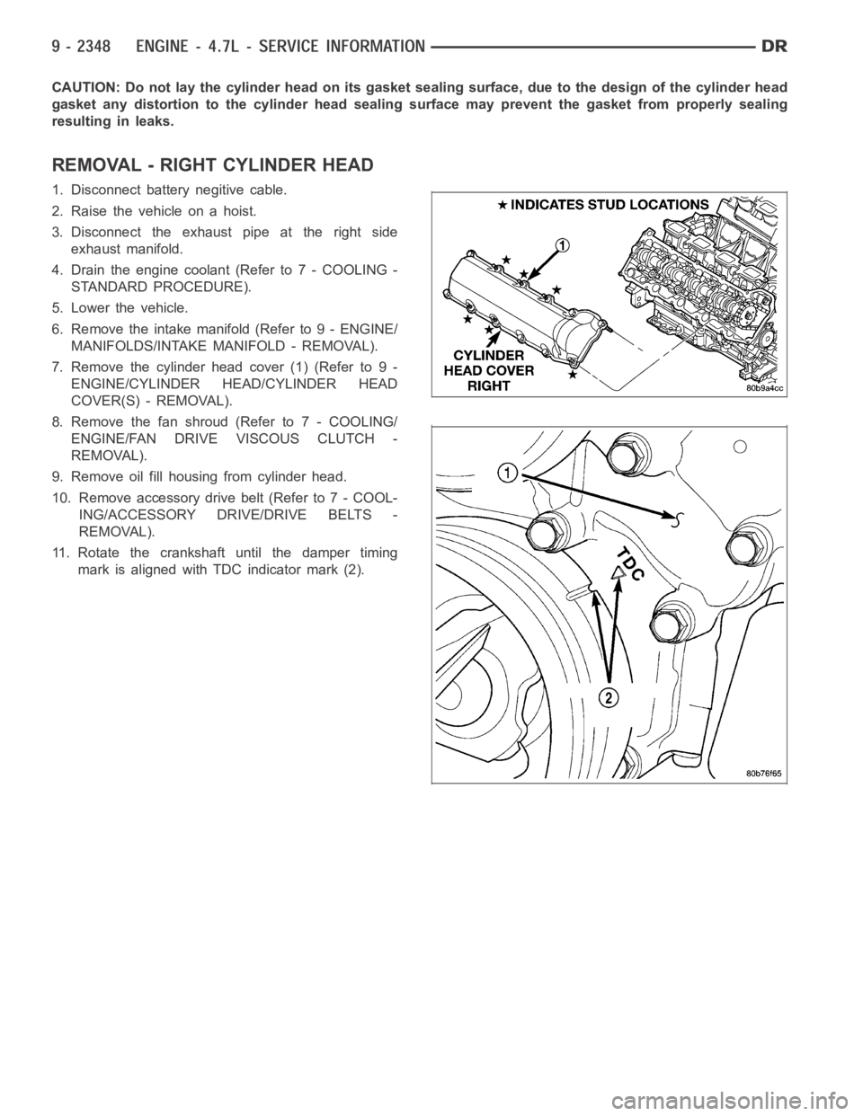 DODGE RAM SRT-10 2006  Service Repair Manual CAUTION: Do not lay the cylinder head on its gasket sealing surface, due to the design of the cylinder head
gasket any distortion to the cylinder head sealing surface may prevent thegasket from proper