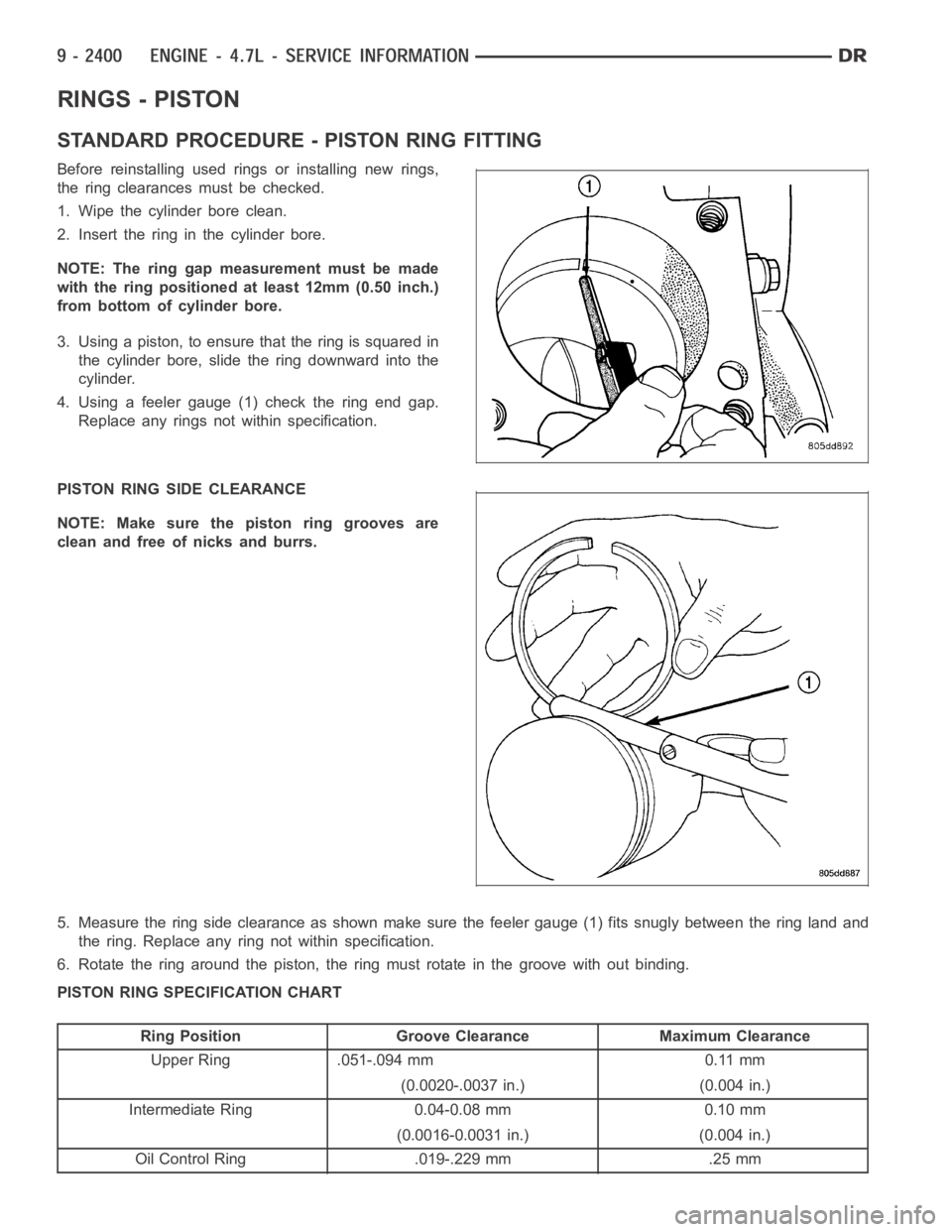DODGE RAM SRT-10 2006  Service Repair Manual RINGS - PISTON
STANDARD PROCEDURE - PISTON RING FITTING
Before reinstalling used rings or installing new rings,
the ring clearances must be checked.
1. Wipe the cylinder bore clean.
2. Insert the ring