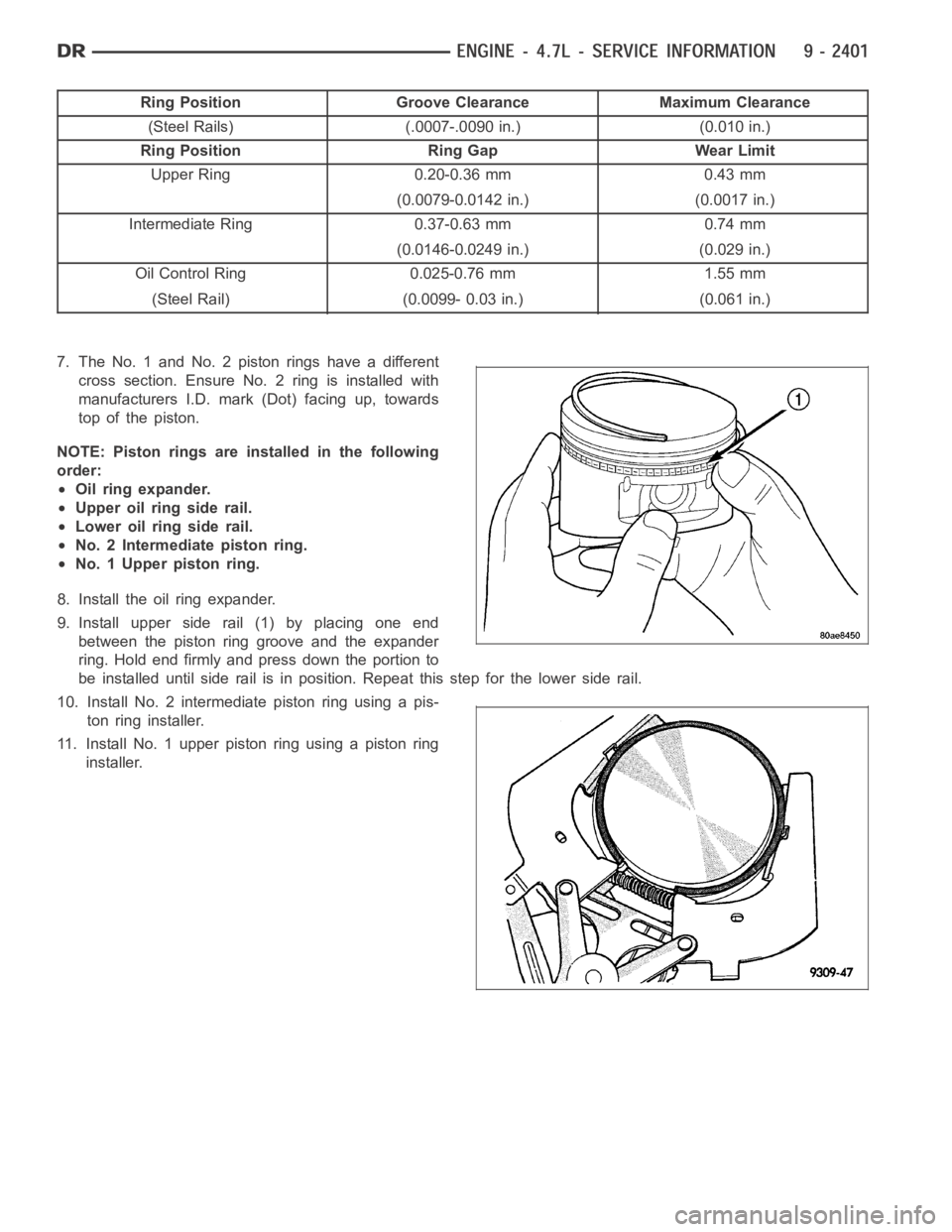 DODGE RAM SRT-10 2006  Service Repair Manual Ring Position Groove Clearance Maximum Clearance
(Steel Rails) (.0007-.0090 in.) (0.010 in.)
Ring Position Ring Gap Wear Limit
Upper Ring 0.20-0.36 mm 0.43 mm
(0.0079-0.0142 in.) (0.0017 in.)
Intermed