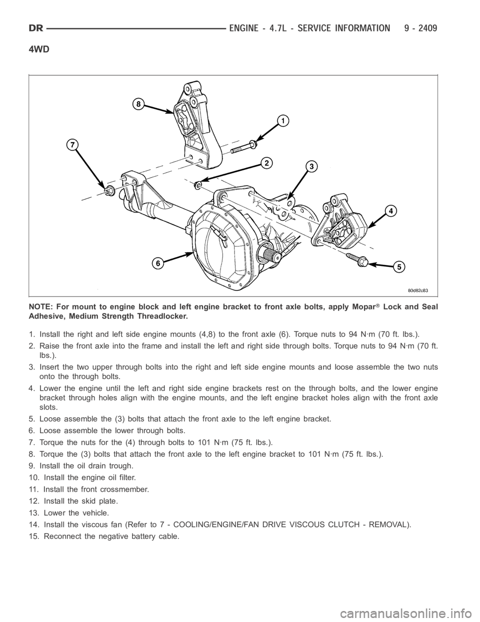 DODGE RAM SRT-10 2006  Service Repair Manual 4WD
NOTE: For mount to engine block and left engine bracket to front axle bolts,apply MoparLock and Seal
Adhesive, Medium Strength Threadlocker.
1. Install the right and left side engine mounts (4,8) 