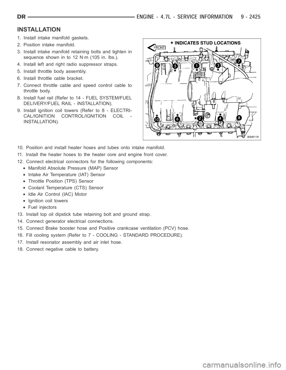 DODGE RAM SRT-10 2006  Service Repair Manual INSTALLATION
1. Install intake manifold gaskets.
2. Position intake manifold.
3. Install intake manifold retaining bolts and tighten in
sequence shown in to 12 Nꞏm (105 in. lbs.).
4. Install left an