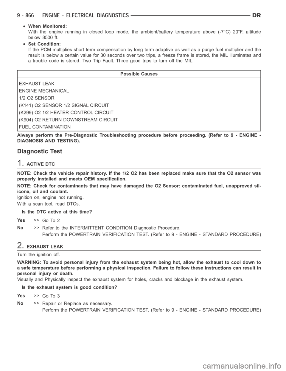 DODGE RAM SRT-10 2006  Service Repair Manual When Monitored:
With the engine running in closed loop mode, the ambient/battery temperature above (-7°C) 20°F, altitude
below 8500 ft.
Set Condition:
If the PCM multiplies short term compensation b