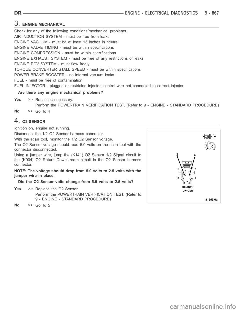 DODGE RAM SRT-10 2006  Service Owners Guide 3.ENGINE MECHANICAL
Check for any of the following conditions/mechanical problems.
AIR INDUCTION SYSTEM - must be free from leaks
ENGINE VACUUM - must be at least 13 inches in neutral
ENGINE VALVE TIM