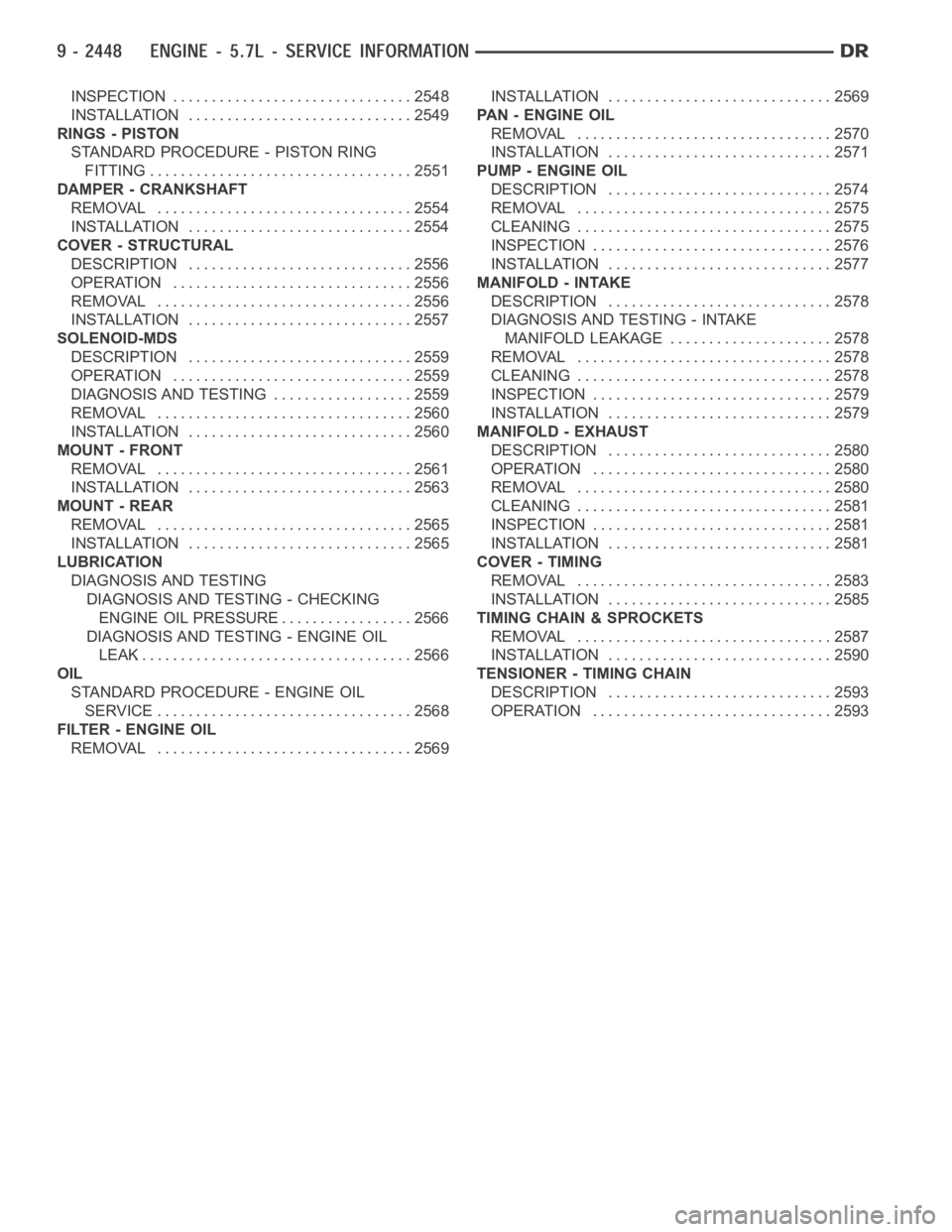 DODGE RAM SRT-10 2006  Service Repair Manual INSPECTION ............................... 2548
INSTALLATION ............................. 2549
RINGS - PISTON
STANDARD PROCEDURE - PISTON RING
FITTING .................................. 2551
DAMPER -
