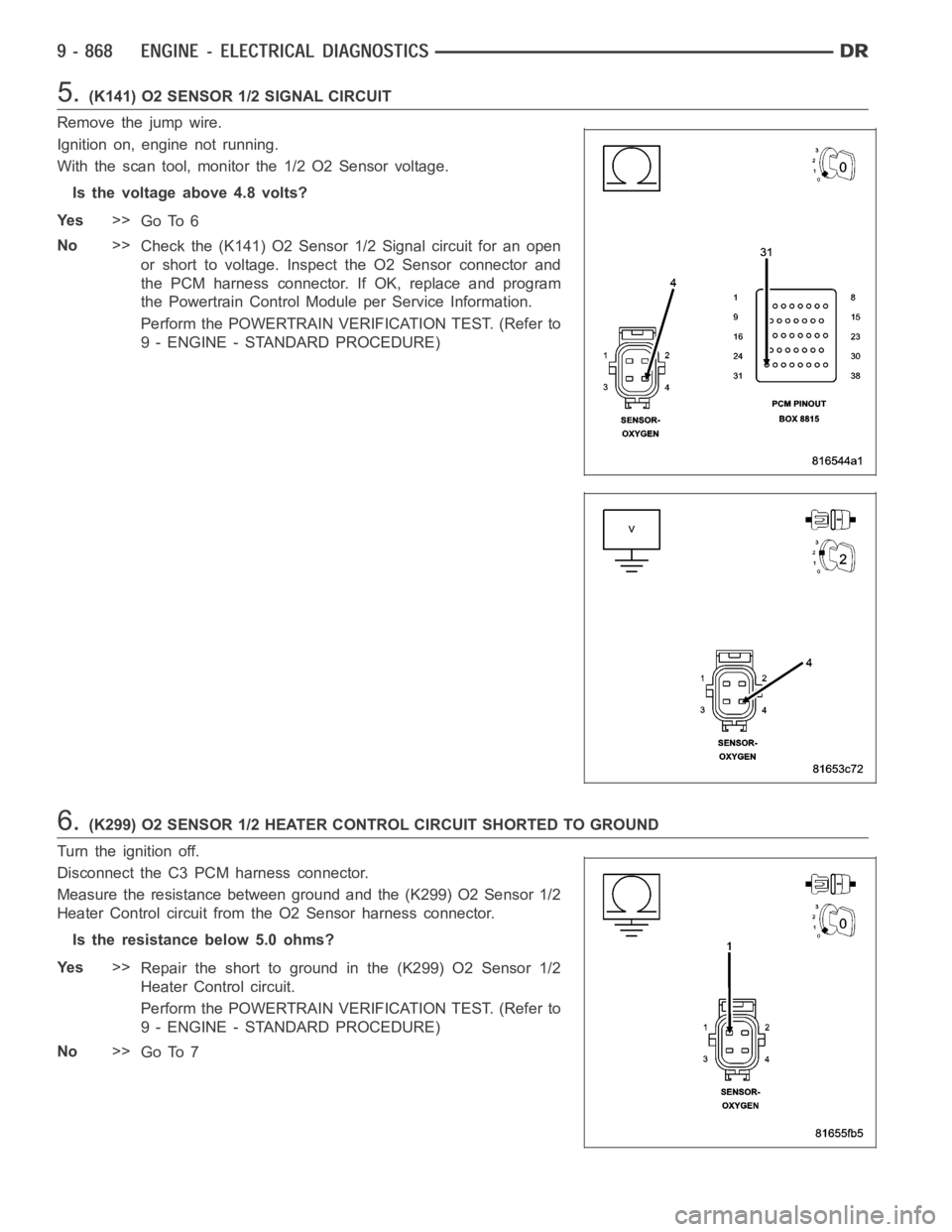 DODGE RAM SRT-10 2006 Service Manual PDF 5.(K141) O2 SENSOR 1/2 SIGNAL CIRCUIT
Remove the jump wire.
Ignition on, engine not running.
With the scan tool, monitor the 1/2 O2 Sensor voltage.
Is the voltage above 4.8 volts?
Ye s>>
Go To 6
No>>
DODGE RAM SRT-10 2006 Service Manual PDF 5.(K141) O2 SENSOR 1/2 SIGNAL CIRCUIT
Remove the jump wire.
Ignition on, engine not running.
With the scan tool, monitor the 1/2 O2 Sensor voltage.
Is the voltage above 4.8 volts?
Ye s>>
Go To 6
No>>