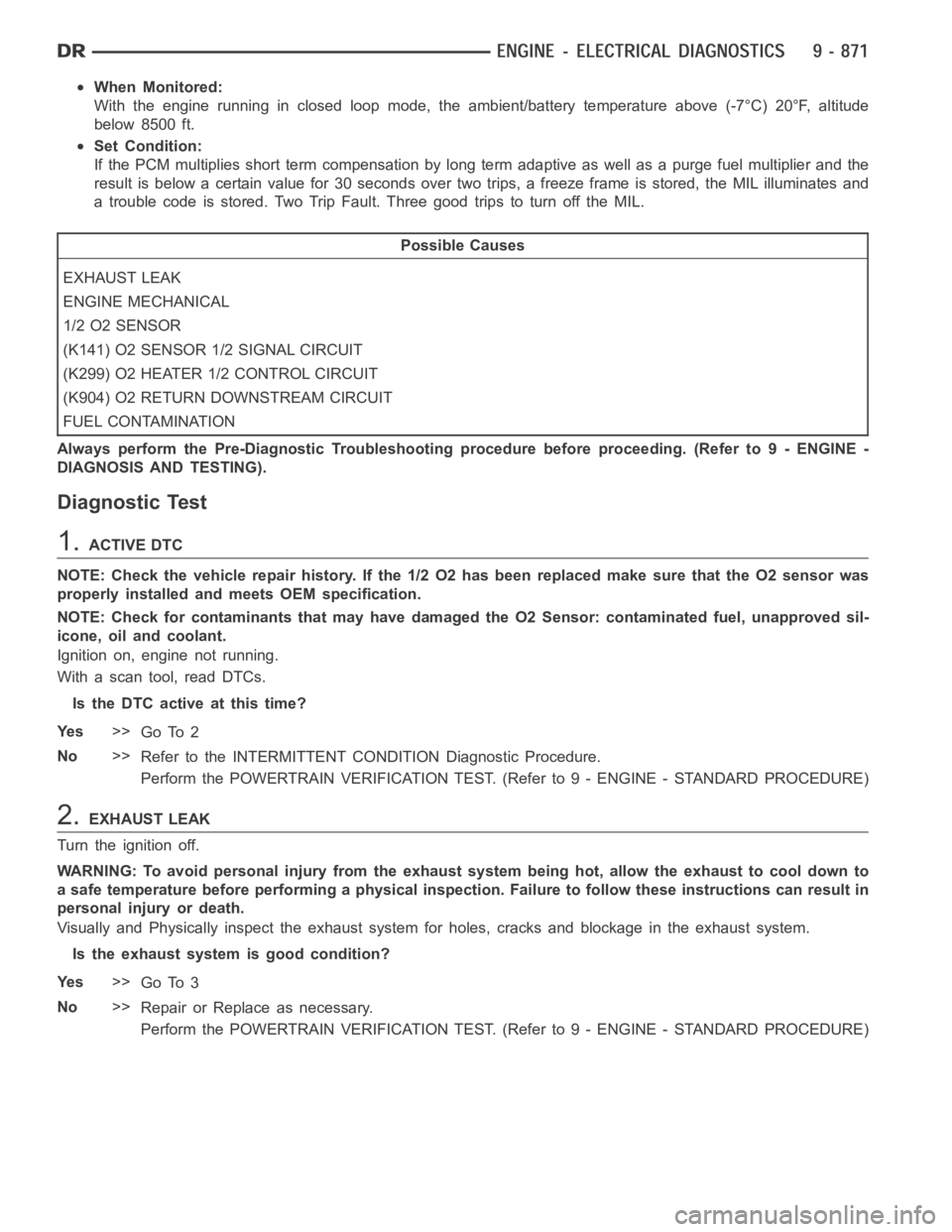 DODGE RAM SRT-10 2006  Service Repair Manual When Monitored:
With the engine running in closed loop mode, the ambient/battery temperature above (-7°C) 20°F, altitude
below 8500 ft.
Set Condition:
If the PCM multiplies short term compensation b