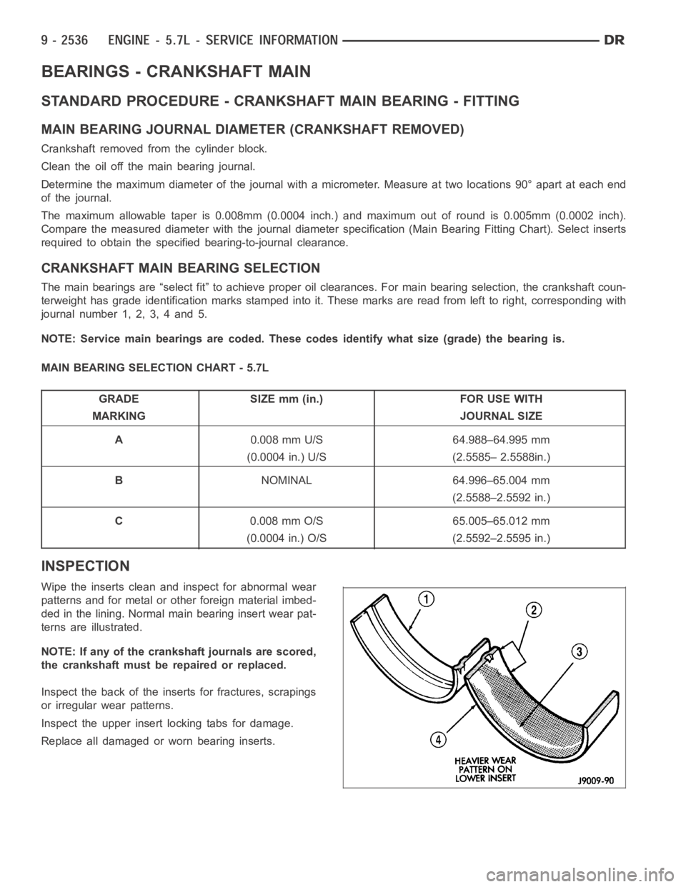 DODGE RAM SRT-10 2006  Service Repair Manual BEARINGS - CRANKSHAFT MAIN
STANDARD PROCEDURE - CRANKSHAFT MAIN BEARING - FITTING
MAIN BEARING JOURNAL DIAMETER (CRANKSHAFT REMOVED)
Crankshaft removed from the cylinder block.
Clean the oil off the m