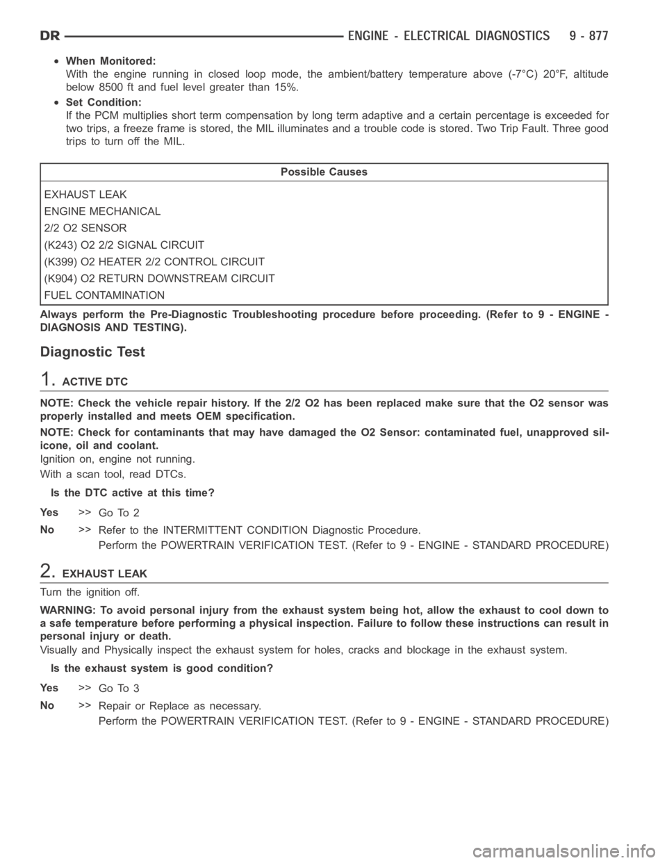 DODGE RAM SRT-10 2006 Service Manual PDF When Monitored:
With the engine running in closed loop mode, the ambient/battery temperature above (-7°C) 20°F, altitude
below 8500 ft and fuel level greater than 15%.
Set Condition:
If the PCM mult DODGE RAM SRT-10 2006 Service Manual PDF When Monitored:
With the engine running in closed loop mode, the ambient/battery temperature above (-7°C) 20°F, altitude
below 8500 ft and fuel level greater than 15%.
Set Condition:
If the PCM mult
