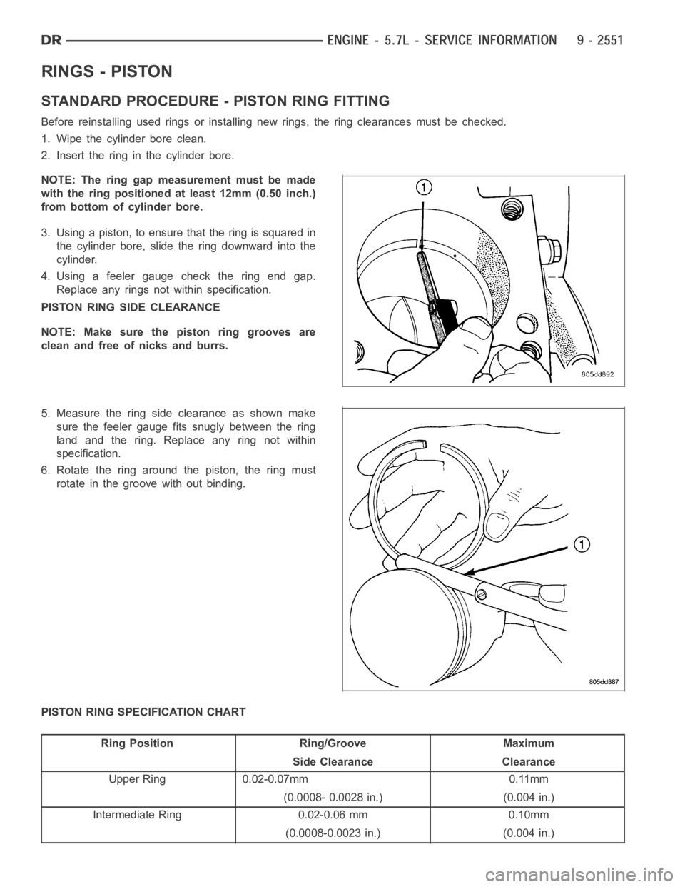 DODGE RAM SRT-10 2006  Service Repair Manual RINGS - PISTON
STANDARD PROCEDURE - PISTON RING FITTING
Before reinstalling used rings or installing new rings, the ring clearances must be checked.
1. Wipe the cylinder bore clean.
2. Insert the ring