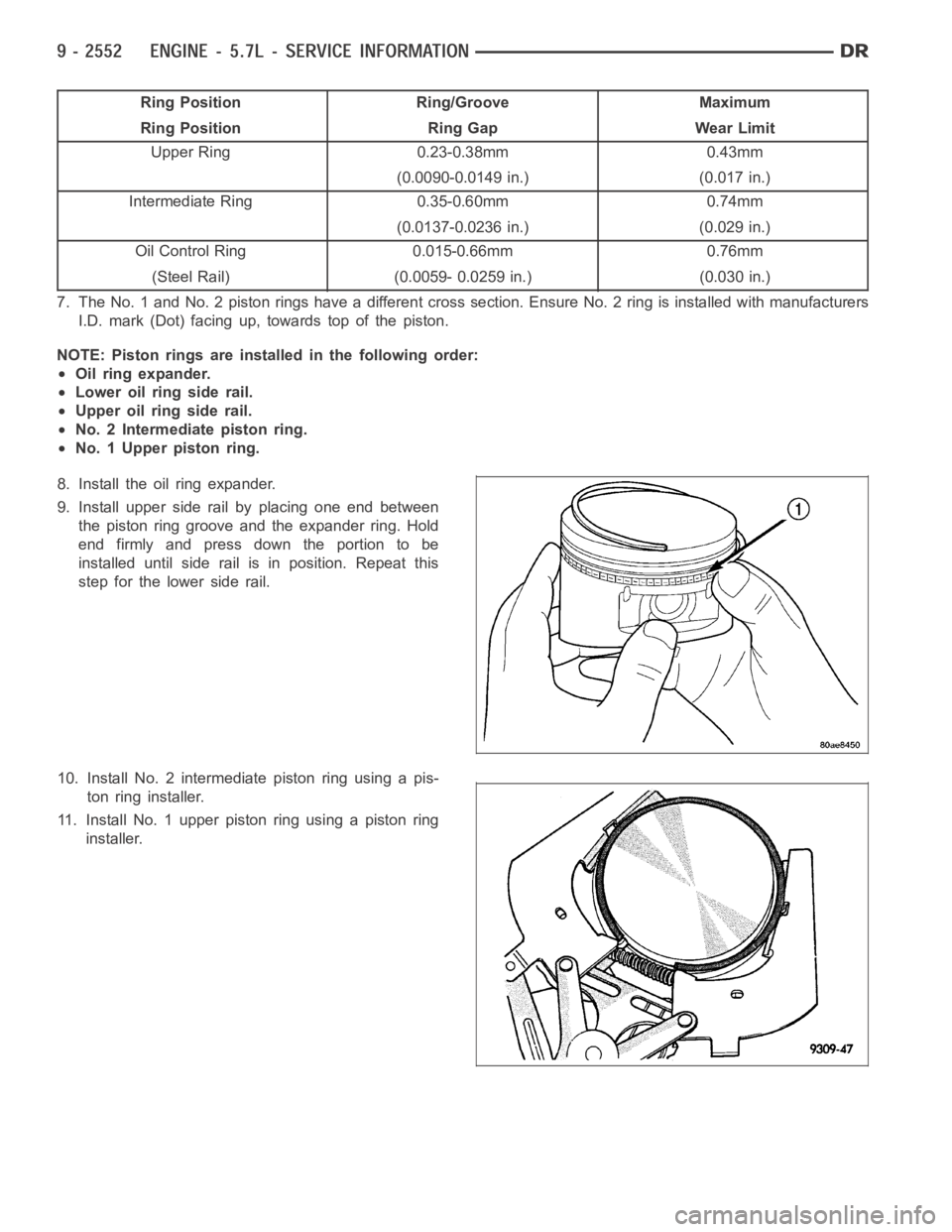 DODGE RAM SRT-10 2006  Service Repair Manual Ring Position Ring/Groove Maximum
Ring Position Ring Gap Wear Limit
Upper Ring 0.23-0.38mm 0.43mm
(0.0090-0.0149 in.) (0.017 in.)
Intermediate Ring 0.35-0.60mm 0.74mm
(0.0137-0.0236 in.) (0.029 in.)
O