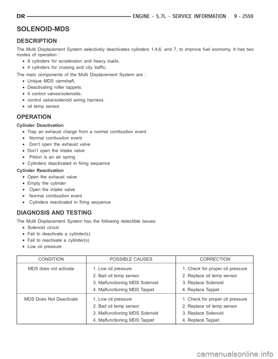 DODGE RAM SRT-10 2006  Service Repair Manual SOLENOID-MDS
DESCRIPTION
The Multi Displacement System selectively deactivates cylinders 1,4,6,and 7, to improve fuel economy. It has two
modes of operation :
8 cylinders for acceleraton and heavy loa