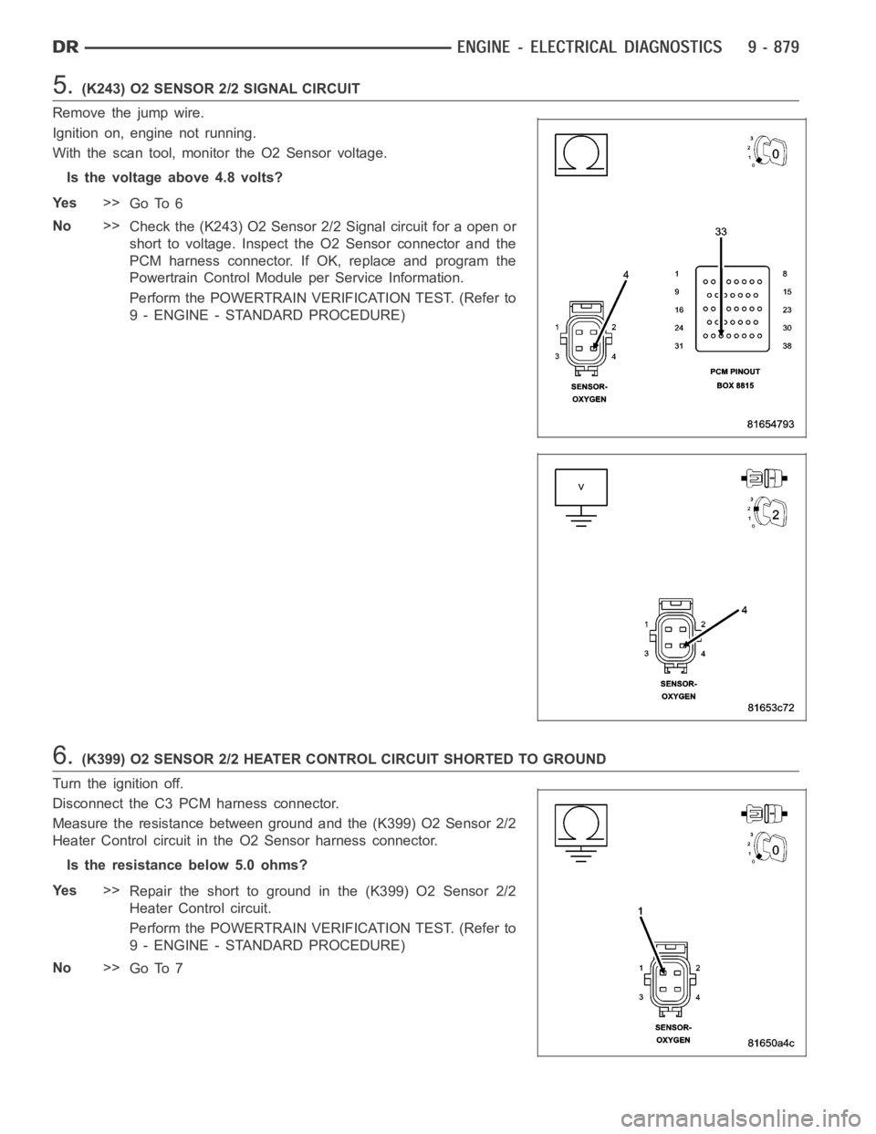 DODGE RAM SRT-10 2006 Service Manual PDF 5.(K243) O2 SENSOR 2/2 SIGNAL CIRCUIT
Remove the jump wire.
Ignition on, engine not running.
With the scan tool, monitor the O2 Sensor voltage.
Is the voltage above 4.8 volts?
Ye s>>
Go To 6
No>>
Chec DODGE RAM SRT-10 2006 Service Manual PDF 5.(K243) O2 SENSOR 2/2 SIGNAL CIRCUIT
Remove the jump wire.
Ignition on, engine not running.
With the scan tool, monitor the O2 Sensor voltage.
Is the voltage above 4.8 volts?
Ye s>>
Go To 6
No>>
Chec
