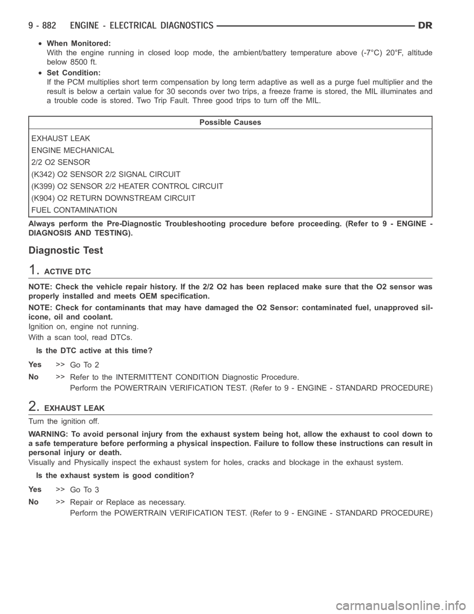 DODGE RAM SRT-10 2006 Service Repair Manual When Monitored:
With the engine running in closed loop mode, the ambient/battery temperature above (-7°C) 20°F, altitude
below 8500 ft.
Set Condition:
If the PCM multiplies short term compensation b DODGE RAM SRT-10 2006 Service Repair Manual When Monitored:
With the engine running in closed loop mode, the ambient/battery temperature above (-7°C) 20°F, altitude
below 8500 ft.
Set Condition:
If the PCM multiplies short term compensation b