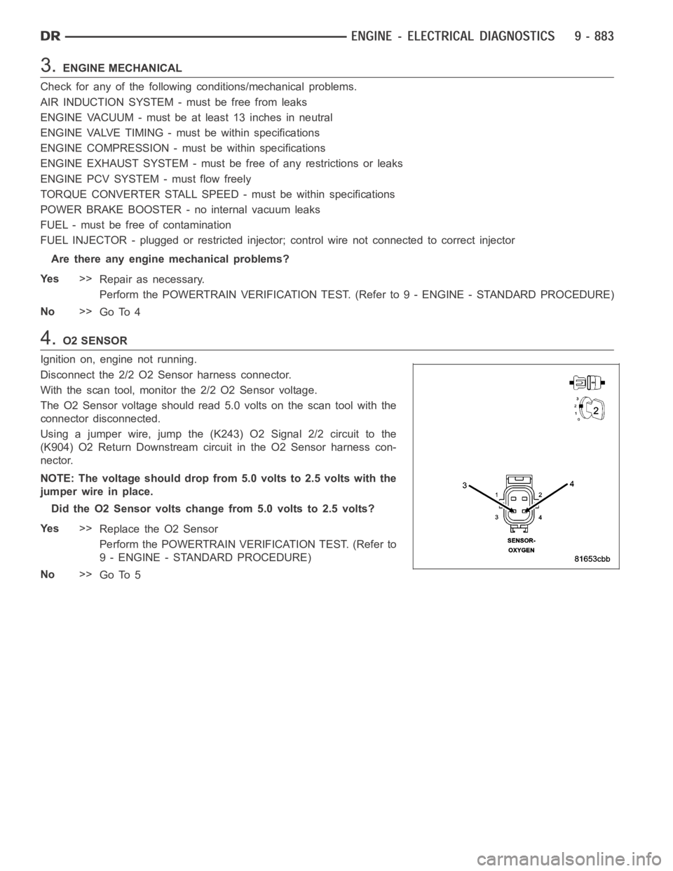 DODGE RAM SRT-10 2006  Service Manual PDF 3.ENGINE MECHANICAL
Check for any of the following conditions/mechanical problems.
AIR INDUCTION SYSTEM - must be free from leaks
ENGINE VACUUM - must be at least 13 inches in neutral
ENGINE VALVE TIM