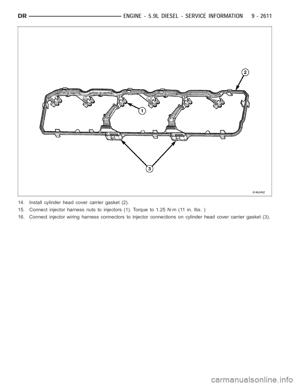 DODGE RAM SRT-10 2006 Service Repair Manual 14. Install cylinder head cover carrier gasket (2).
15. Connect injector harness nuts to injectors (1). Torque to 1.25 Nꞏm (11 in. lbs. )
16. Connect injector wiring harness connectors to injector c DODGE RAM SRT-10 2006 Service Repair Manual 14. Install cylinder head cover carrier gasket (2).
15. Connect injector harness nuts to injectors (1). Torque to 1.25 Nꞏm (11 in. lbs. )
16. Connect injector wiring harness connectors to injector c