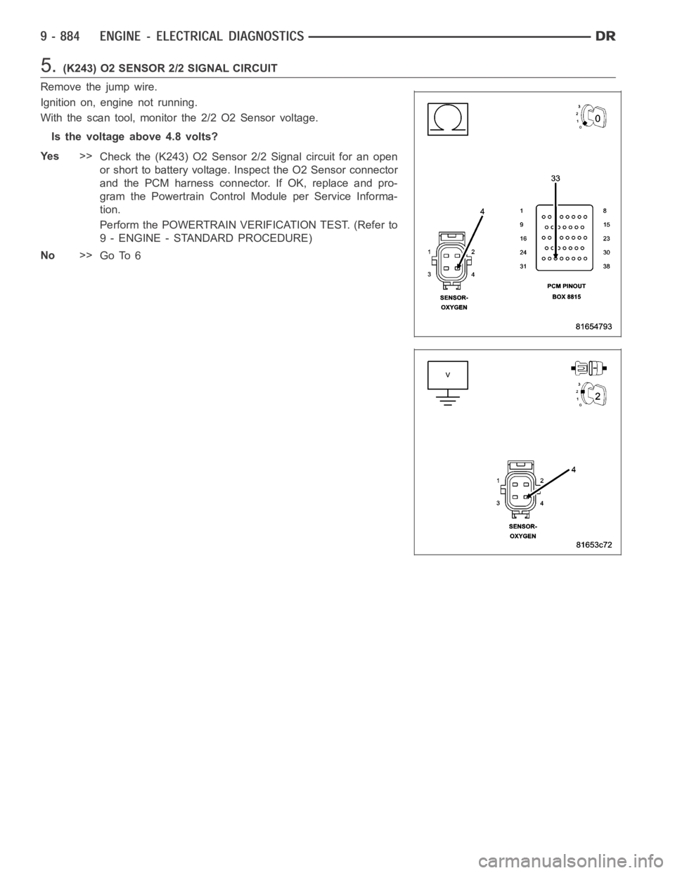 DODGE RAM SRT-10 2006  Service Manual PDF 5.(K243) O2 SENSOR 2/2 SIGNAL CIRCUIT
Remove the jump wire.
Ignition on, engine not running.
With the scan tool, monitor the 2/2 O2 Sensor voltage.
Is the voltage above 4.8 volts?
Ye s>>
Check the (K2