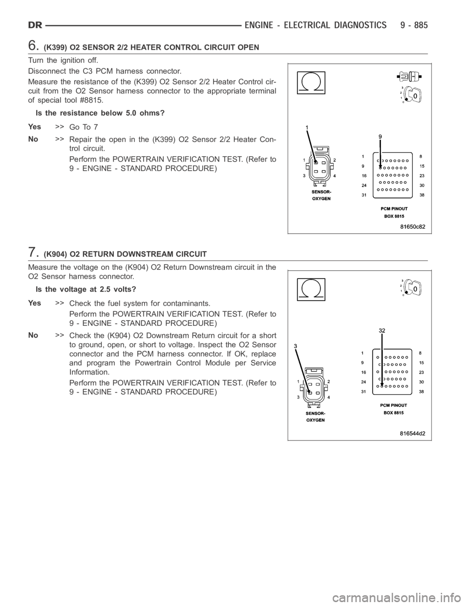 DODGE RAM SRT-10 2006  Service Manual PDF 6.(K399) O2 SENSOR 2/2 HEATER CONTROL CIRCUIT OPEN
Turn the ignition off.
Disconnect the C3 PCM harness connector.
Measure the resistance of the (K399) O2 Sensor 2/2 Heater Control cir-
cuit from the 