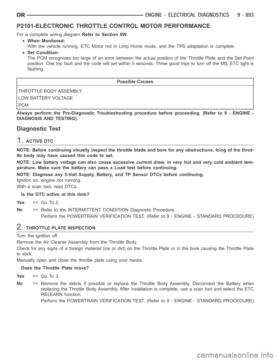 DODGE RAM SRT-10 2006 Service Repair Manual P2101-ELECTRONIC THROTTLE CONTROL MOTOR PERFORMANCE
For a complete wiring diagramRefer to Section 8W.
When Monitored:
With the vehicle running, ETC Motor not in Limp Home mode, and the TPS adaptation DODGE RAM SRT-10 2006 Service Repair Manual P2101-ELECTRONIC THROTTLE CONTROL MOTOR PERFORMANCE
For a complete wiring diagramRefer to Section 8W.
When Monitored:
With the vehicle running, ETC Motor not in Limp Home mode, and the TPS adaptation