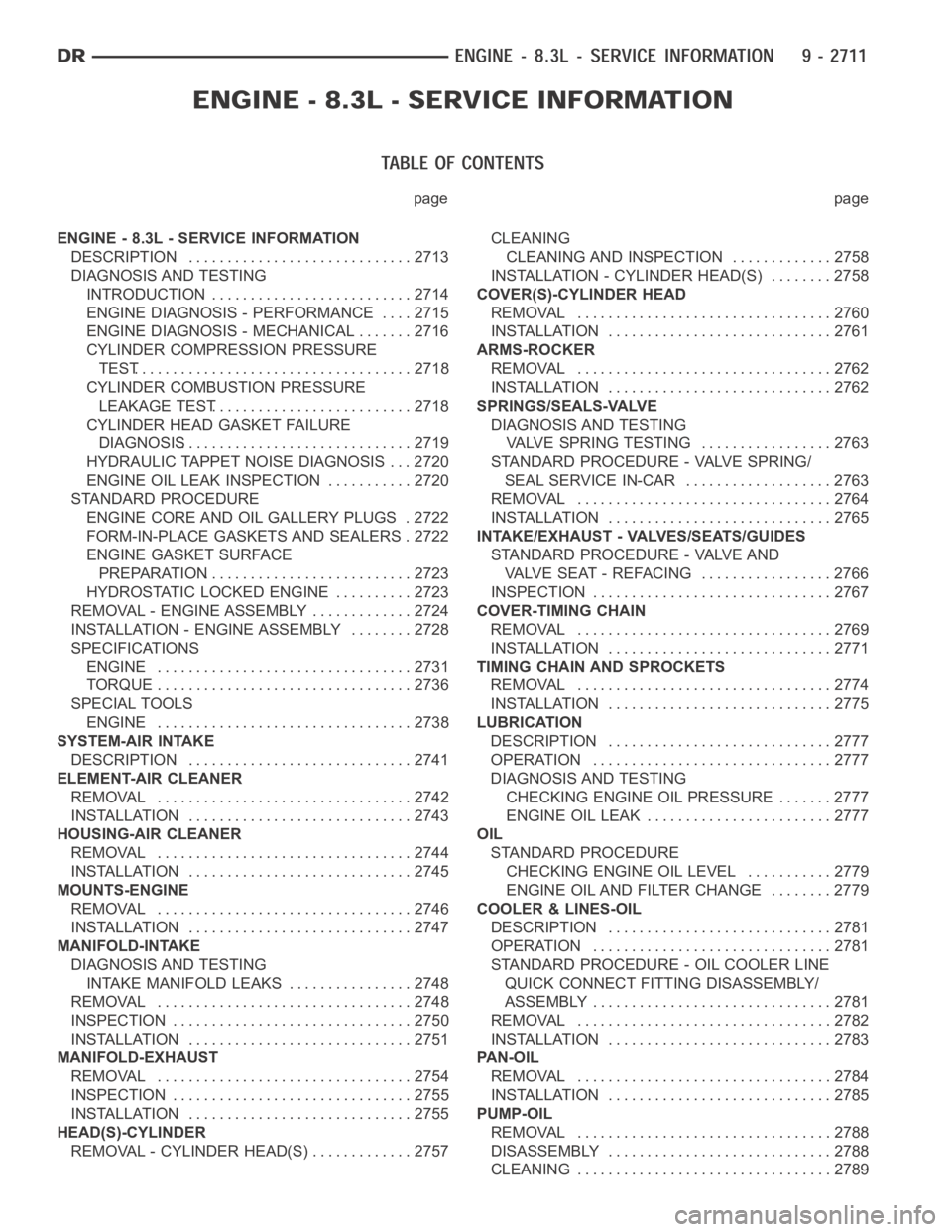 DODGE RAM SRT-10 2006  Service Repair Manual page page
ENGINE - 8.3L - SERVICE INFORMATION
DESCRIPTION ............................. 2713
DIAGNOSIS AND TESTING
INTRODUCTION . ......................... 2714
ENGINE DIAGNOSIS - PERFORMANCE .... 271