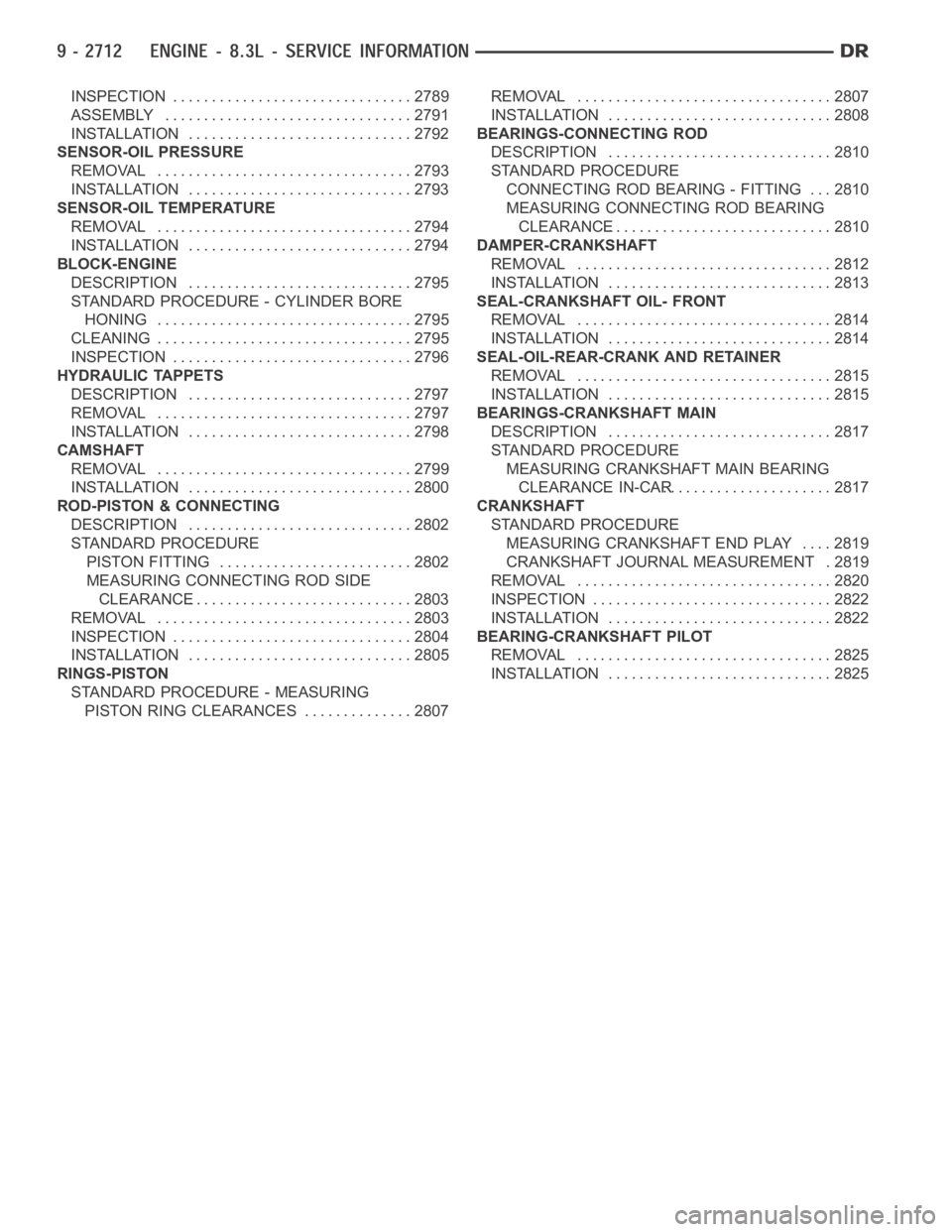 DODGE RAM SRT-10 2006  Service Repair Manual INSPECTION ............................... 2789
ASSEMBLY . ............................... 2791
INSTALLATION ............................. 2792
SENSOR-OIL PRESSURE
REMOVAL ............................