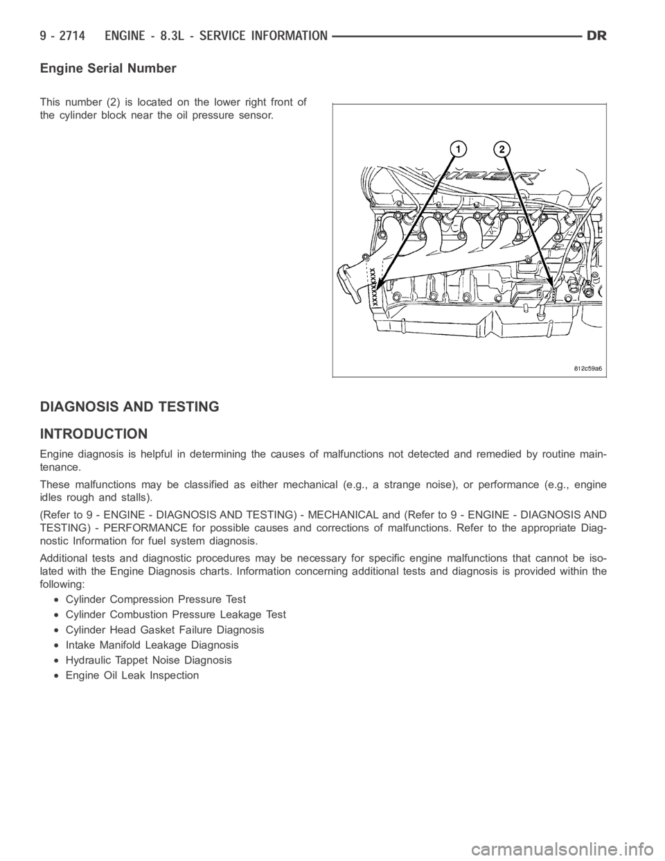 DODGE RAM SRT-10 2006  Service Repair Manual Engine Serial Number
This number (2) is located on the lower right front of
the cylinder block near the oil pressure sensor.
DIAGNOSIS AND TESTING
INTRODUCTION
Engine diagnosis is helpful in determini