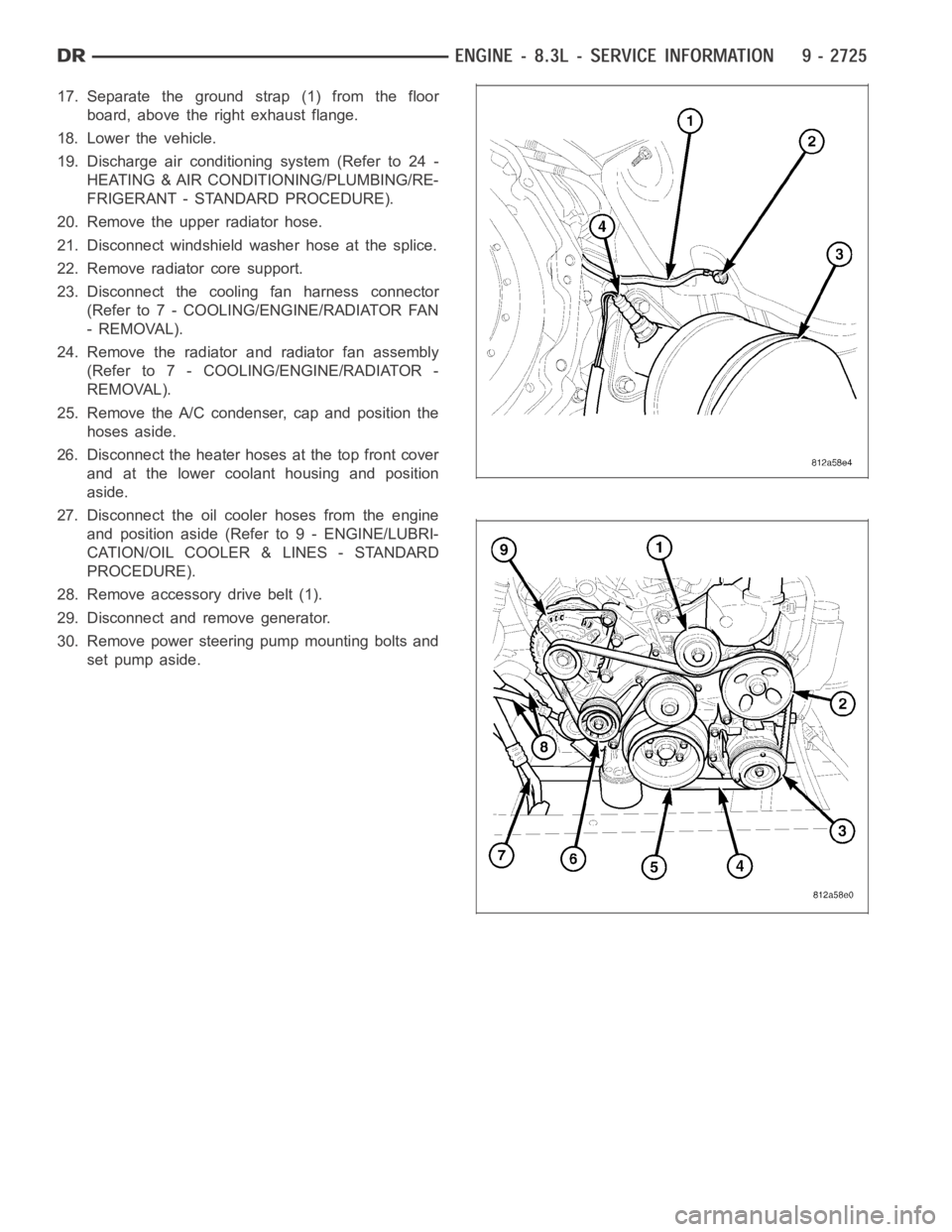 DODGE RAM SRT-10 2006  Service Repair Manual 17. Separate the ground strap (1) from the floor
board, above the right exhaust flange.
18. Lower the vehicle.
19. Discharge air conditioning system (Refer to 24 -
HEATING & AIR CONDITIONING/PLUMBING/