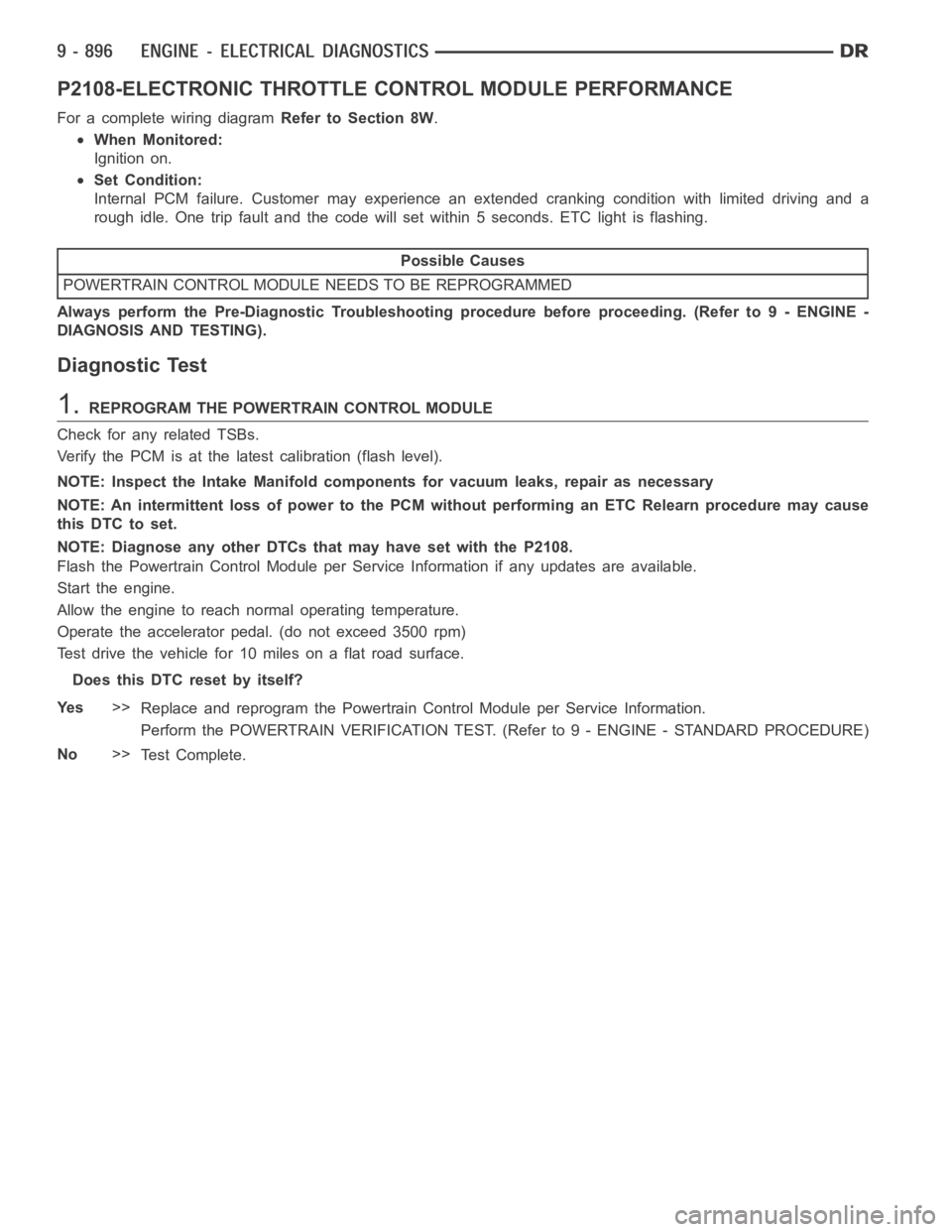 DODGE RAM SRT-10 2006  Service Manual PDF P2108-ELECTRONIC THROTTLE CONTROL MODULE PERFORMANCE
For a complete wiring diagramRefer to Section 8W.
When Monitored:
Ignition on.
Set Condition:
Internal PCM failure. Customer may experience an exte