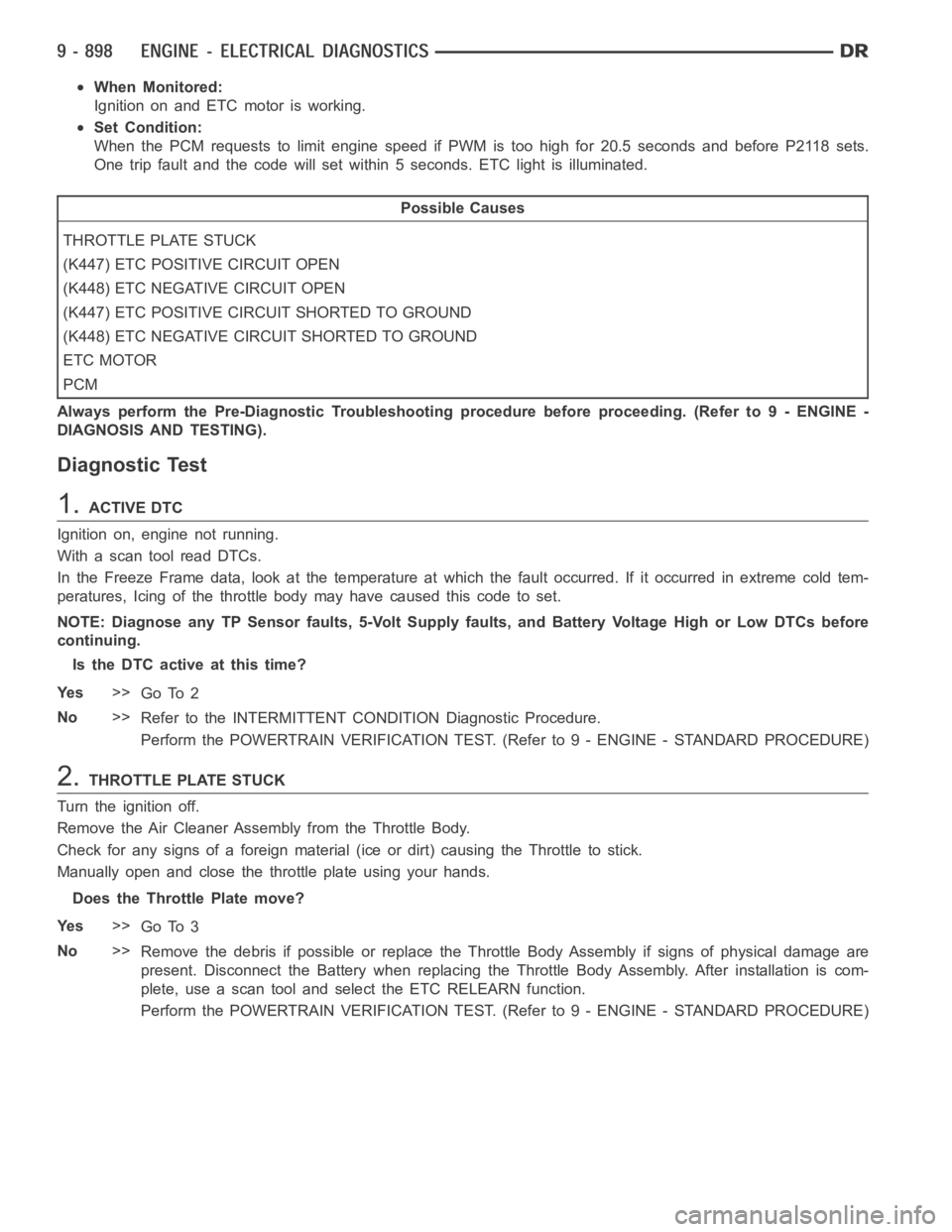 DODGE RAM SRT-10 2006  Service Manual PDF When Monitored:
Ignition on and ETC motor is working.
Set Condition:
When the PCM requests to limit engine speed if PWM is too high for 20.5 seconds and before P2118 sets.
One trip fault and the code 
