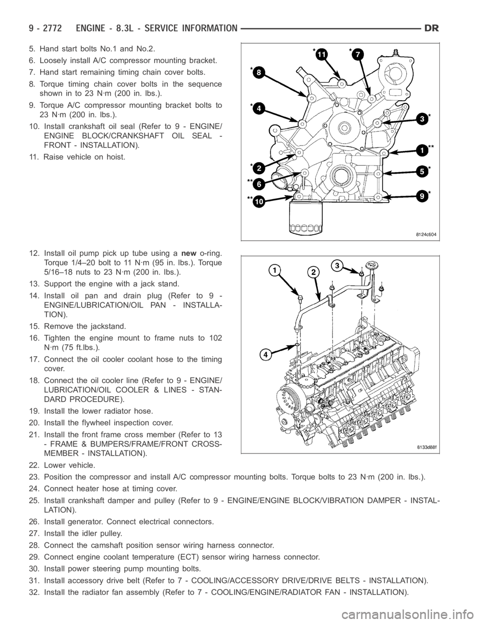 DODGE RAM SRT-10 2006  Service Repair Manual 5. Hand start bolts No.1 and No.2.
6. Loosely install A/C compressor mounting bracket.
7. Hand start remaining timing chain cover bolts.
8. Torque timing chain cover bolts in the sequence
showninto23N