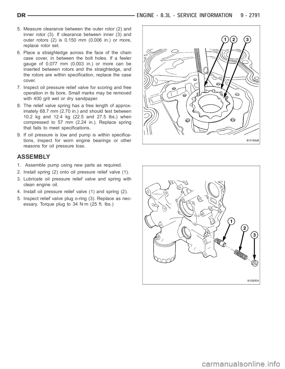 DODGE RAM SRT-10 2006  Service Repair Manual 5. Measure clearance between the outer rotor (2) and
inner rotor (3). If clearance between inner (3) and
outer rotors (2) is 0.150 mm (0.006 in.) or more,
replace rotor set.
6. Place a straightedge ac