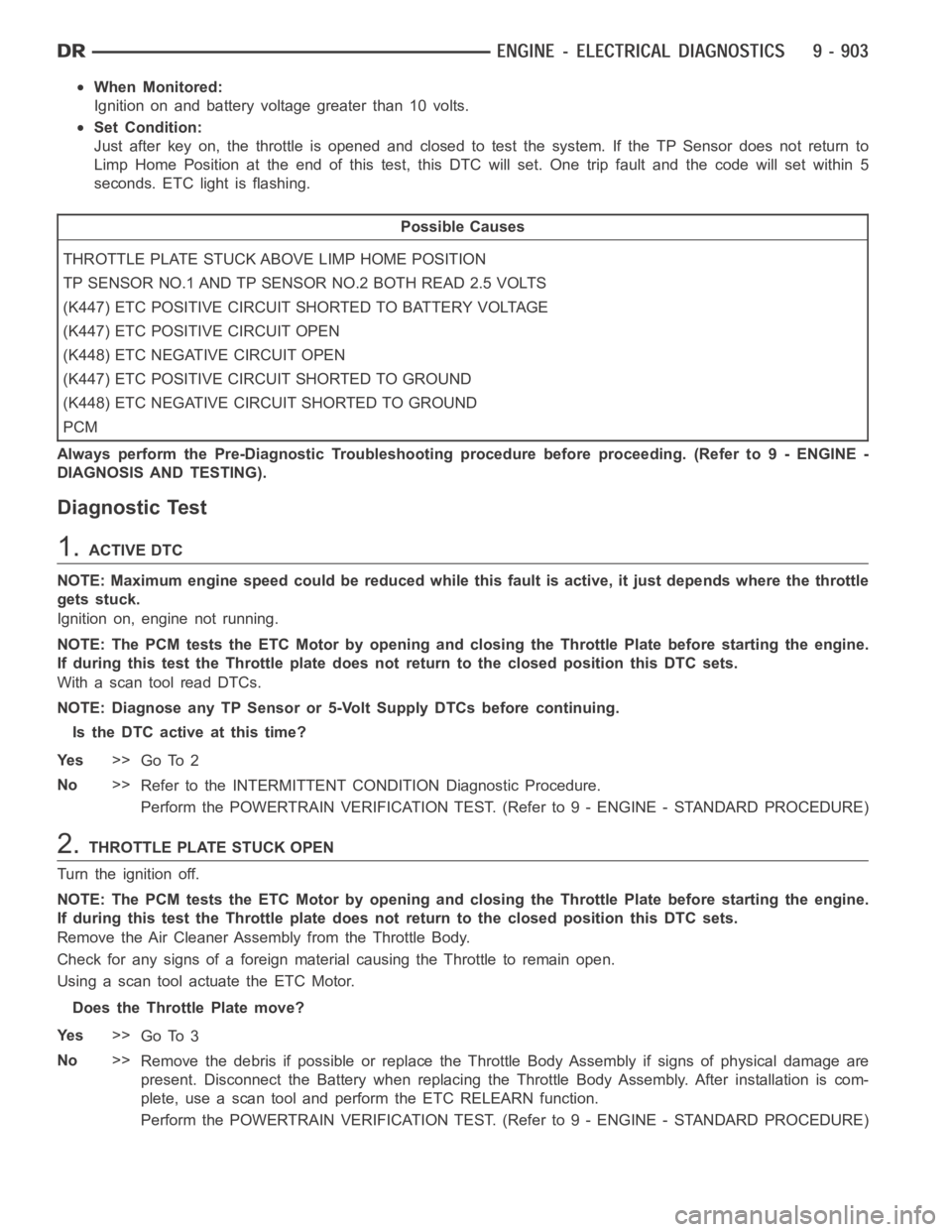 DODGE RAM SRT-10 2006  Service Manual Online When Monitored:
Ignition on and battery voltage greater than 10 volts.
Set Condition:
Just after key on, the throttle is opened and closed to test the system. If the TP Sensor does not return to
Limp 