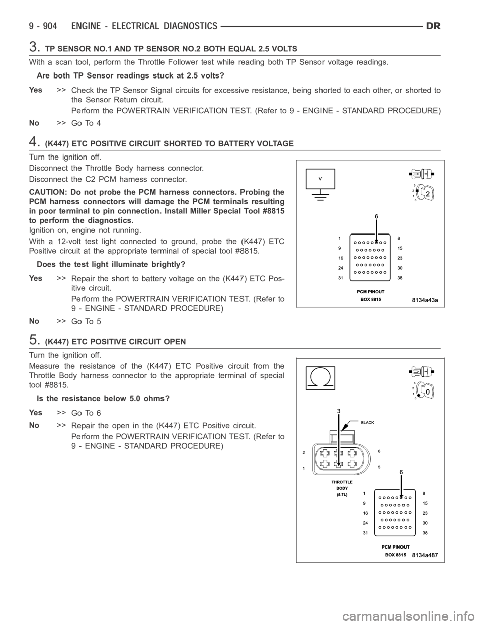 DODGE RAM SRT-10 2006  Service Manual Online 3.TP SENSOR NO.1 AND TP SENSOR NO.2 BOTH EQUAL 2.5 VOLTS
With a scan tool, perform the Throttle Follower test while reading both TP Sensor voltage readings.
Are both TP Sensor readings stuck at 2.5 vo