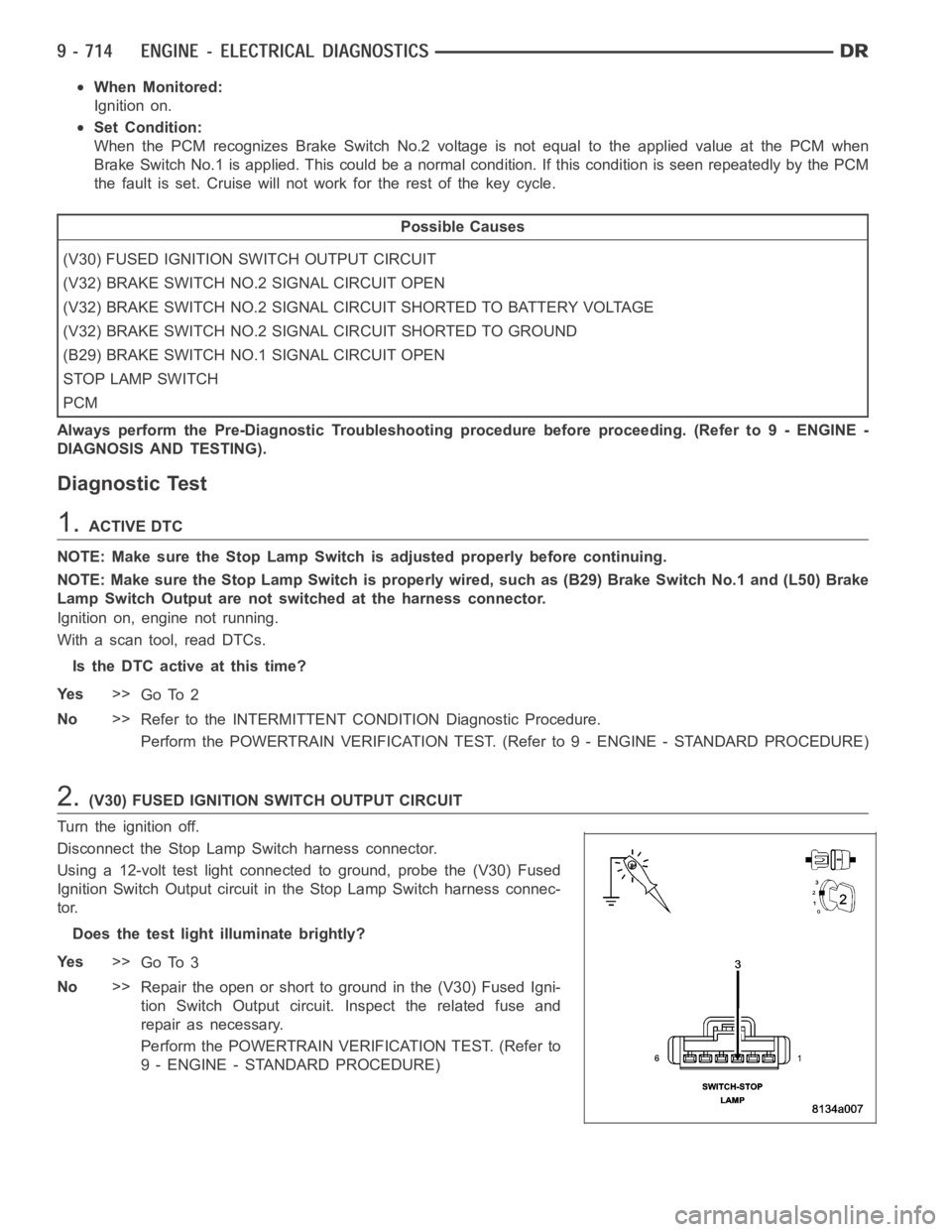 DODGE RAM SRT-10 2006  Service Repair Manual When Monitored:
Ignition on.
Set Condition:
When the PCM recognizes Brake Switch No.2 voltage is not equal to the applied value at the PCM when
Brake Switch No.1 is applied. This could be a normal con