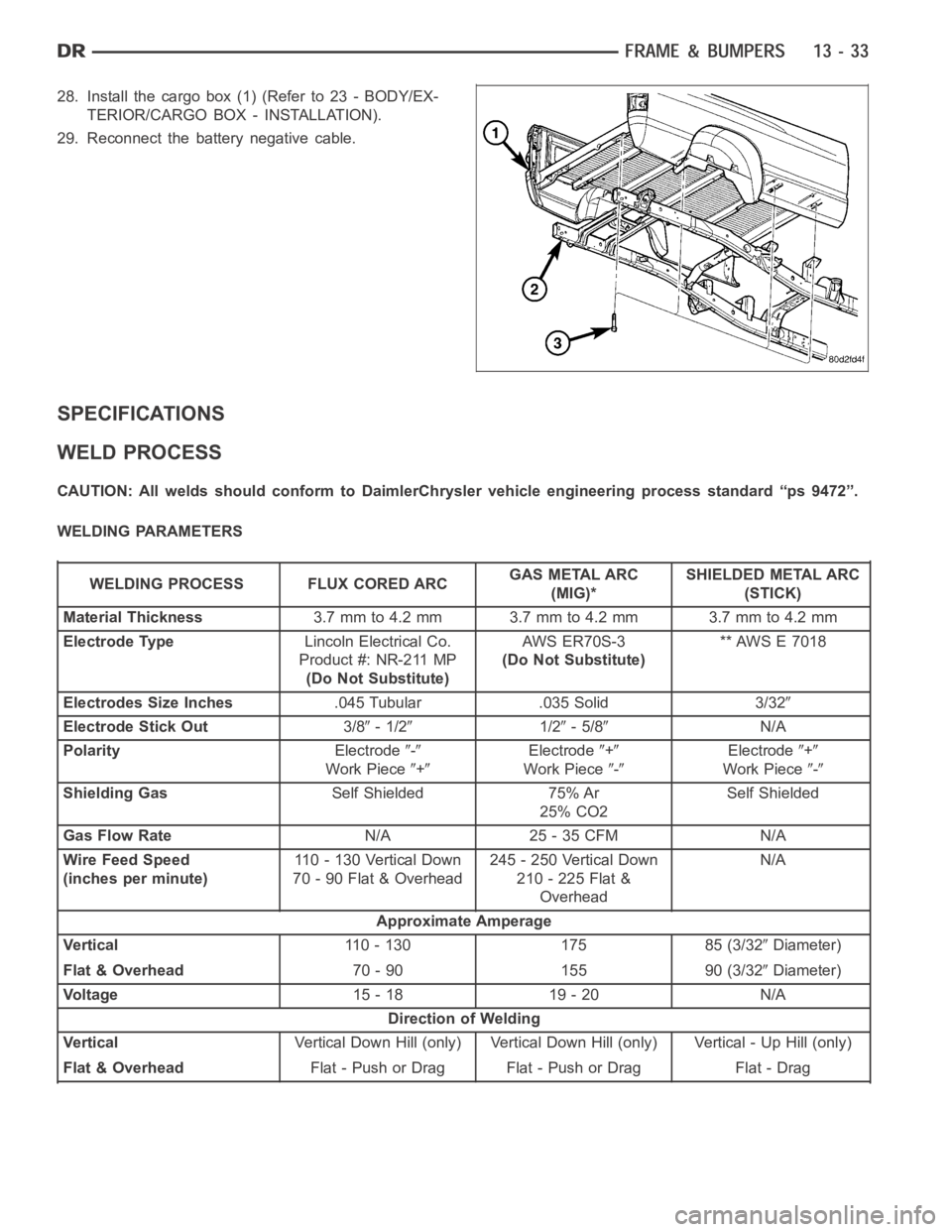 DODGE RAM SRT-10 2006  Service Repair Manual 28. Install the cargo box (1) (Refer to 23 - BODY/EX-
TERIOR/CARGO BOX - INSTALLATION).
29. Reconnect the battery negative cable.
SPECIFICATIONS
WELD PROCESS
CAUTION: All welds should conform to Daiml