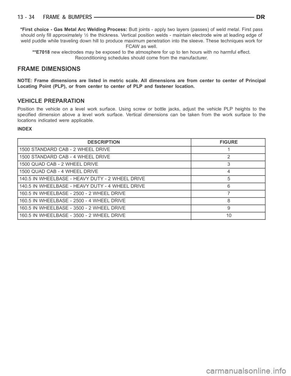 DODGE RAM SRT-10 2006  Service Repair Manual *First choice - Gas Metal Arc Welding Process:Butt joints - apply two layers (passes) of weld metal. First pass
should only fill approximately1⁄2the thickness. Vertical position welds - maintain ele