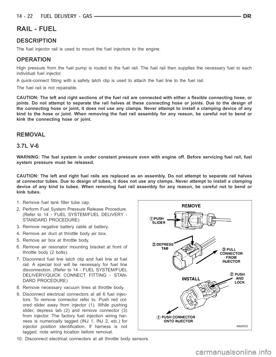 DODGE RAM SRT-10 2006  Service Repair Manual RAIL - FUEL
DESCRIPTION
The fuel injector rail is used to mount the fuel injectors to the engine.
OPERATION
High pressure from the fuel pump is routed to the fuel rail. The fuel rail then supplies the