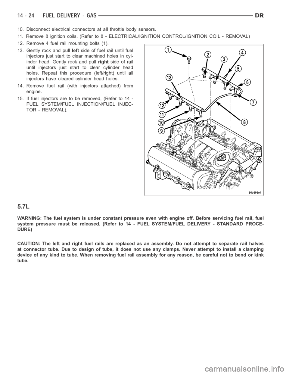 DODGE RAM SRT-10 2006  Service Repair Manual 10. Disconnect electrical connectors at all throttle body sensors.
11. Remove 8 ignition coils. (Refer to 8 - ELECTRICAL/IGNITION CONTROL/IGNITION COIL - REMOVAL)
12. Remove 4 fuel rail mounting bolts