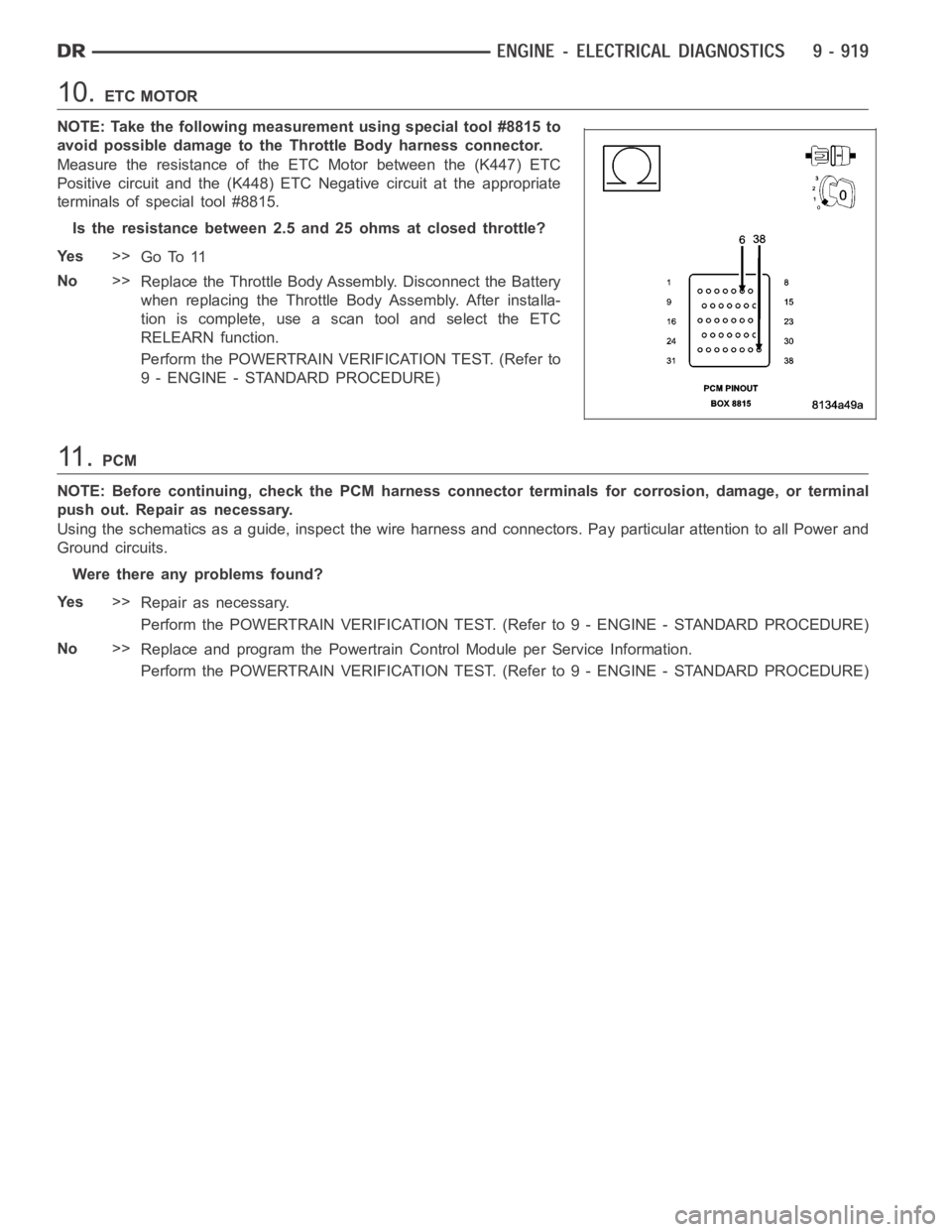 DODGE RAM SRT-10 2006  Service Manual Online 10.ETC MOTOR
NOTE: Take the following measurement using special tool #8815 to
avoid possible damage to the Throttle Body harness connector.
Measure the resistance of the ETC Motor between the (K447) E