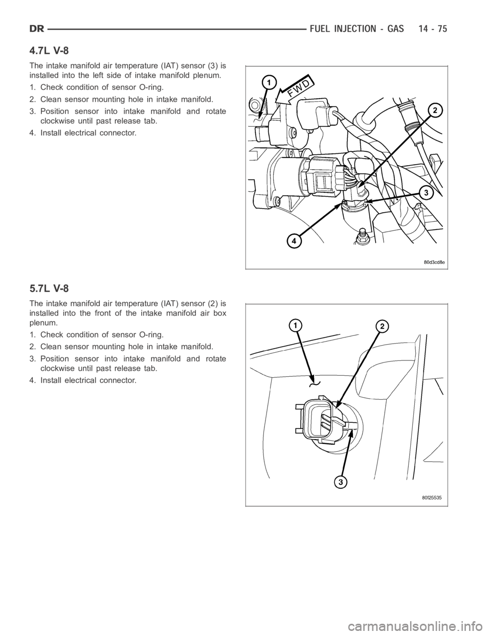 DODGE RAM SRT-10 2006  Service Repair Manual 4.7L V-8
The intake manifold air temperature (IAT) sensor (3) is
installed into the left side of intake manifold plenum.
1. Check condition of sensor O-ring.
2. Clean sensor mounting hole in intake ma