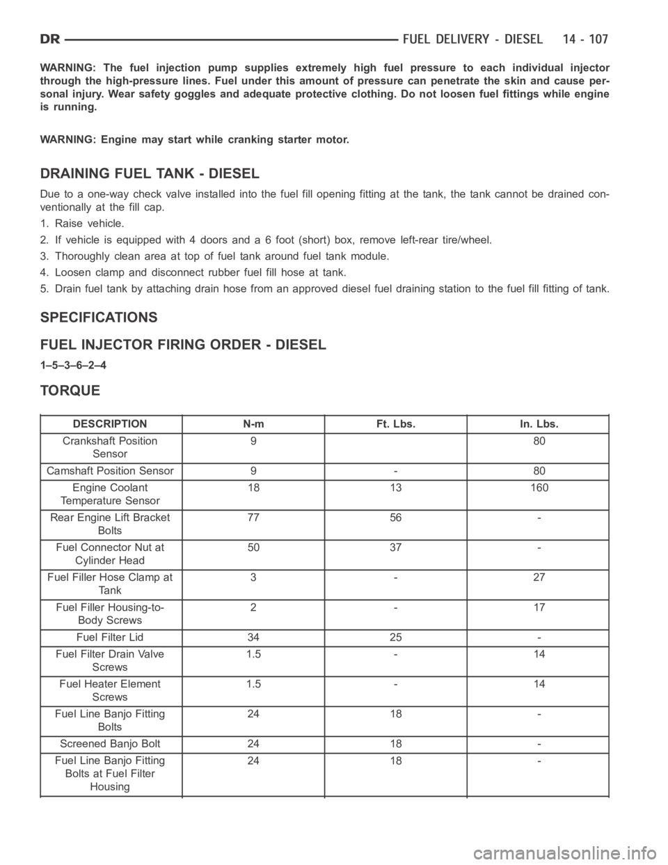 DODGE RAM SRT-10 2006  Service Repair Manual WARNING: The fuel injection pump supplies extremely high fuel pressure toeach individual injector
through the high-pressure lines. Fuel under this amount of pressure can penetrate the skin and cause p