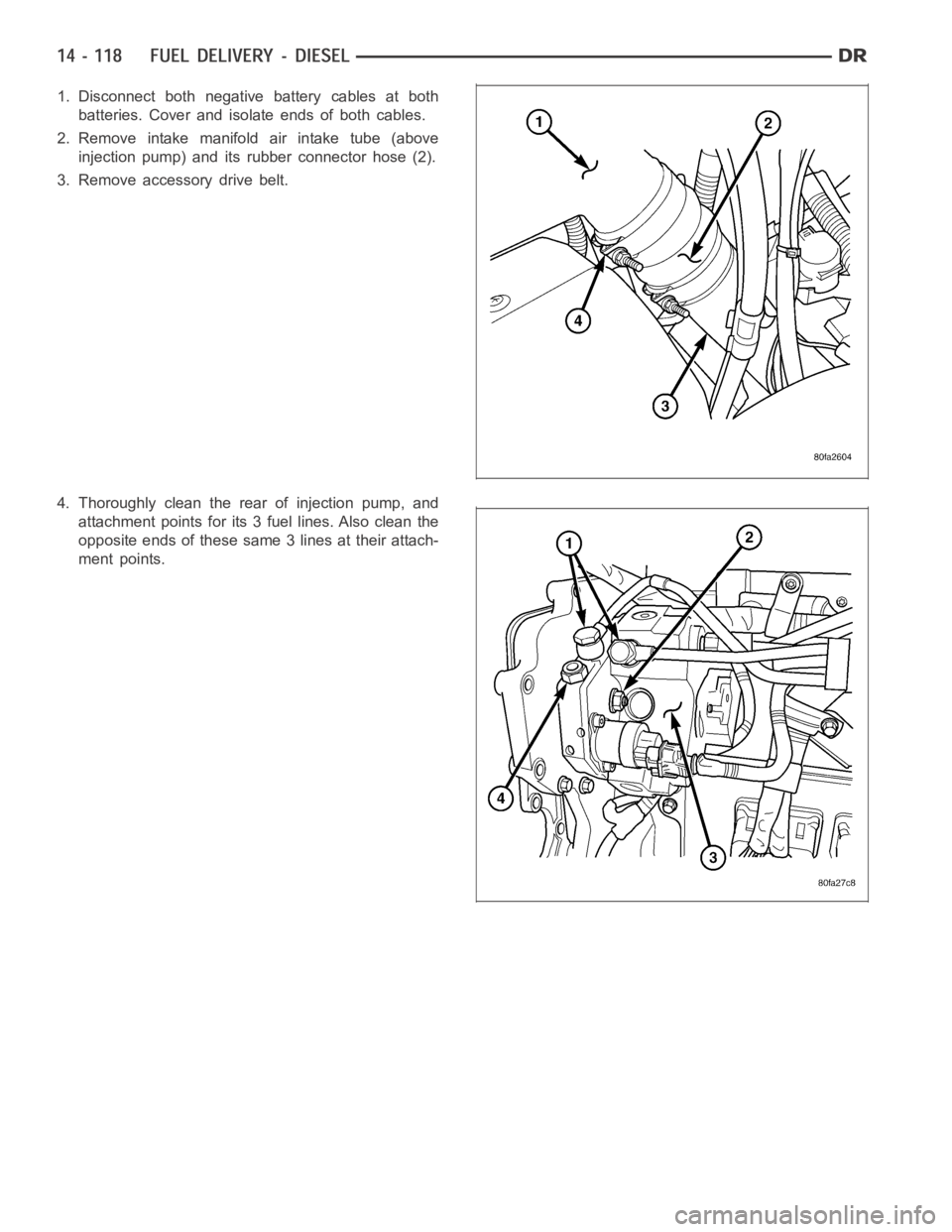 DODGE RAM SRT-10 2006 Service Repair Manual 1. Disconnect both negative battery cables at both
batteries. Cover and isolate ends of both cables.
2. Remove intake manifold air intake tube (above
injection pump) and its rubber connector hose (2). DODGE RAM SRT-10 2006 Service Repair Manual 1. Disconnect both negative battery cables at both
batteries. Cover and isolate ends of both cables.
2. Remove intake manifold air intake tube (above
injection pump) and its rubber connector hose (2).