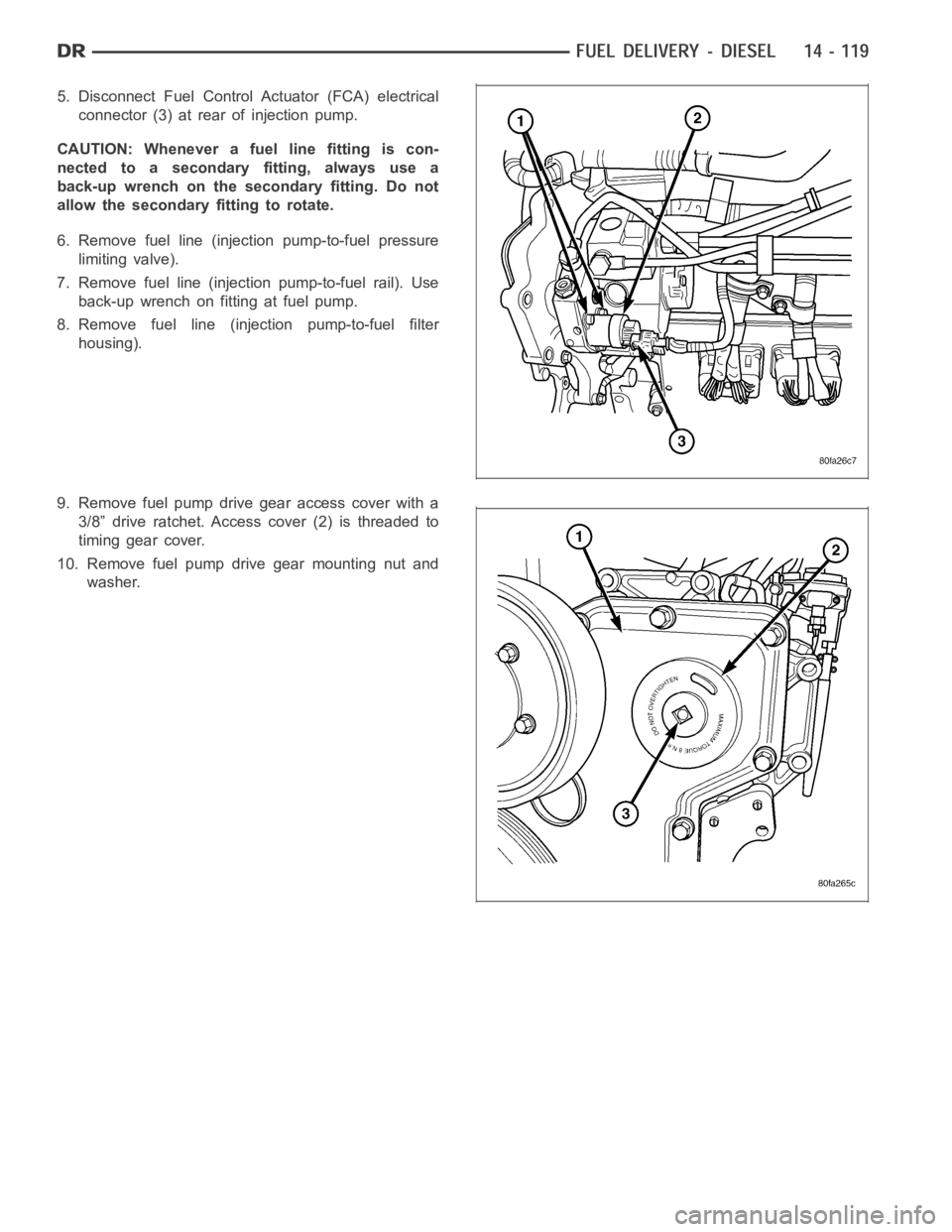 DODGE RAM SRT-10 2006 Service Repair Manual 5. Disconnect Fuel Control Actuator (FCA) electrical
connector (3) at rear of injection pump.
CAUTION: Whenever a fuel line fitting is con-
nected to a secondary fitting, always use a
back-upwrenchont DODGE RAM SRT-10 2006 Service Repair Manual 5. Disconnect Fuel Control Actuator (FCA) electrical
connector (3) at rear of injection pump.
CAUTION: Whenever a fuel line fitting is con-
nected to a secondary fitting, always use a
back-upwrenchont