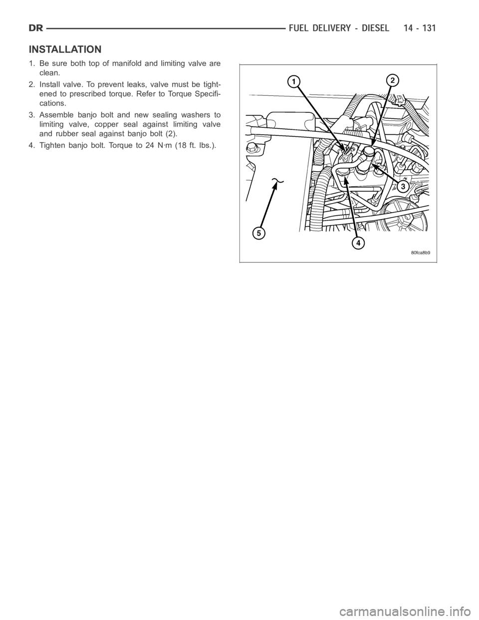DODGE RAM SRT-10 2006 Service Repair Manual INSTALLATION
1. Be sure both top of manifold and limiting valve are
clean.
2. Install valve. To prevent leaks, valve must be tight-
ened to prescribed torque. Refer to Torque Specifi-
cations.
3. Asse DODGE RAM SRT-10 2006 Service Repair Manual INSTALLATION
1. Be sure both top of manifold and limiting valve are
clean.
2. Install valve. To prevent leaks, valve must be tight-
ened to prescribed torque. Refer to Torque Specifi-
cations.
3. Asse