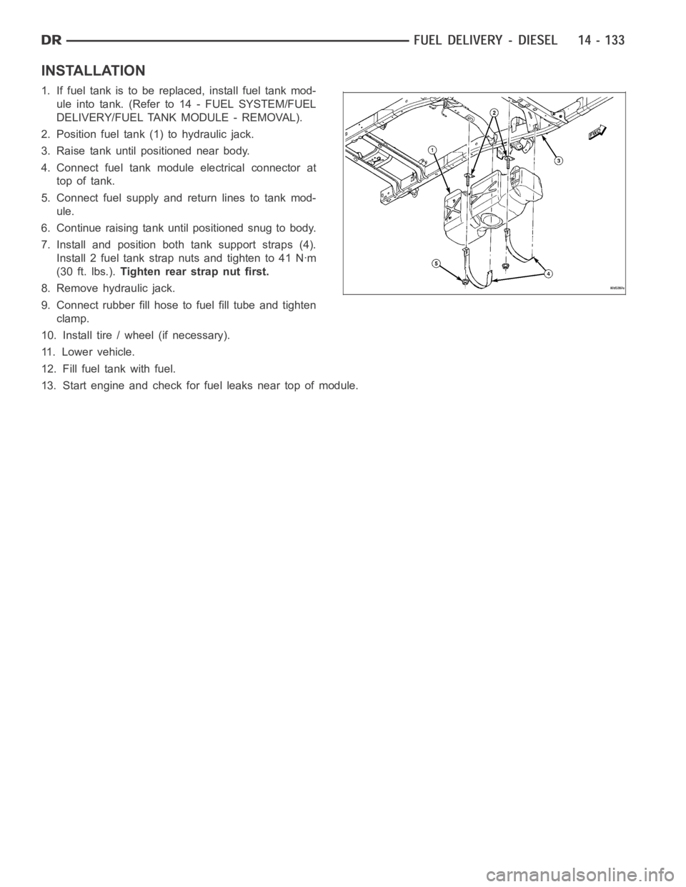 DODGE RAM SRT-10 2006 Service Repair Manual INSTALLATION
1. If fuel tank is to be replaced, install fuel tank mod-
ule into tank. (Refer to 14 - FUEL SYSTEM/FUEL
DELIVERY/FUEL TANK MODULE - REMOVAL).
2. Position fuel tank (1) to hydraulic jack. DODGE RAM SRT-10 2006 Service Repair Manual INSTALLATION
1. If fuel tank is to be replaced, install fuel tank mod-
ule into tank. (Refer to 14 - FUEL SYSTEM/FUEL
DELIVERY/FUEL TANK MODULE - REMOVAL).
2. Position fuel tank (1) to hydraulic jack.