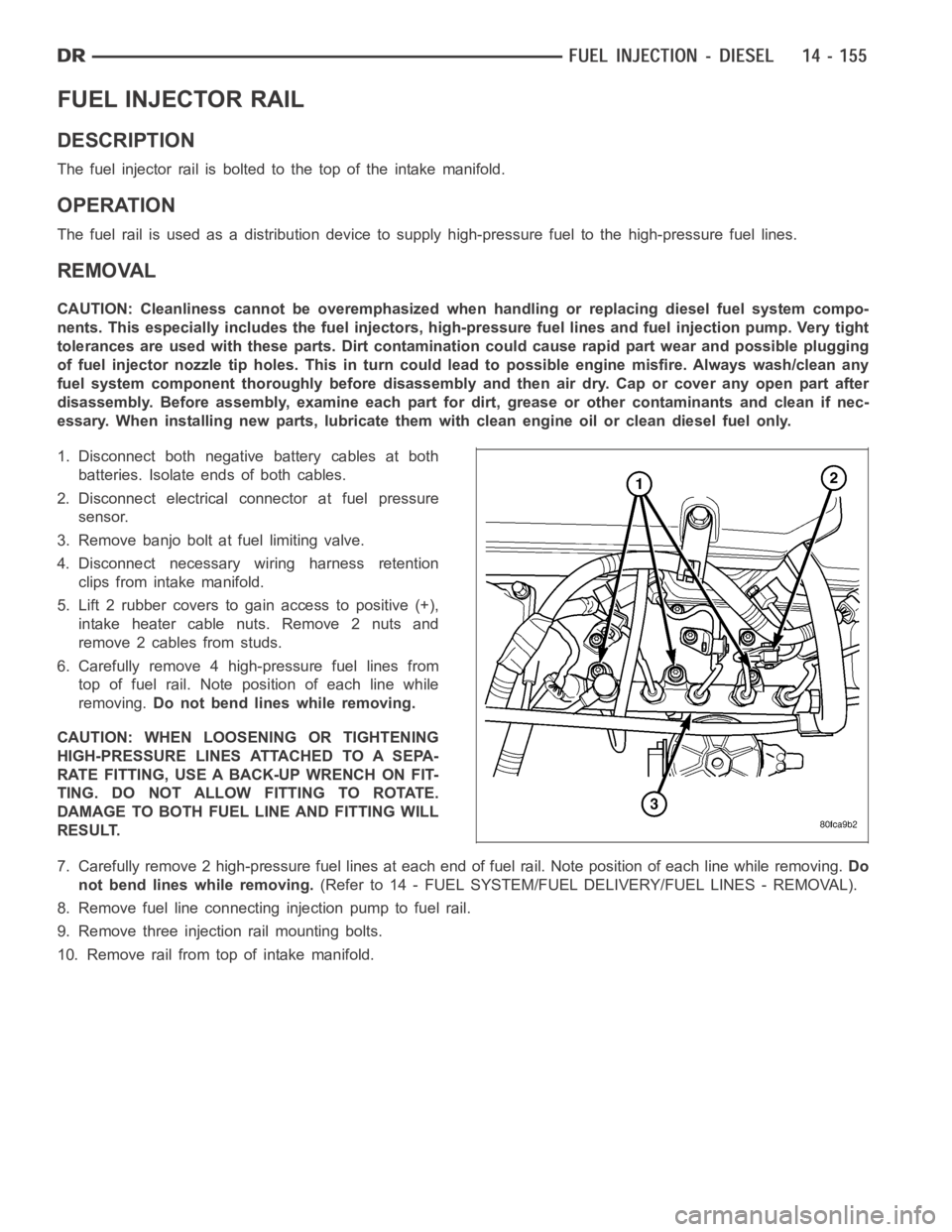 DODGE RAM SRT-10 2006  Service Repair Manual FUEL INJECTOR RAIL
DESCRIPTION
The fuel injector rail is bolted to the top of the intake manifold.
OPERATION
The fuel rail is used as a distribution device to supply high-pressure fuelto the high-pres