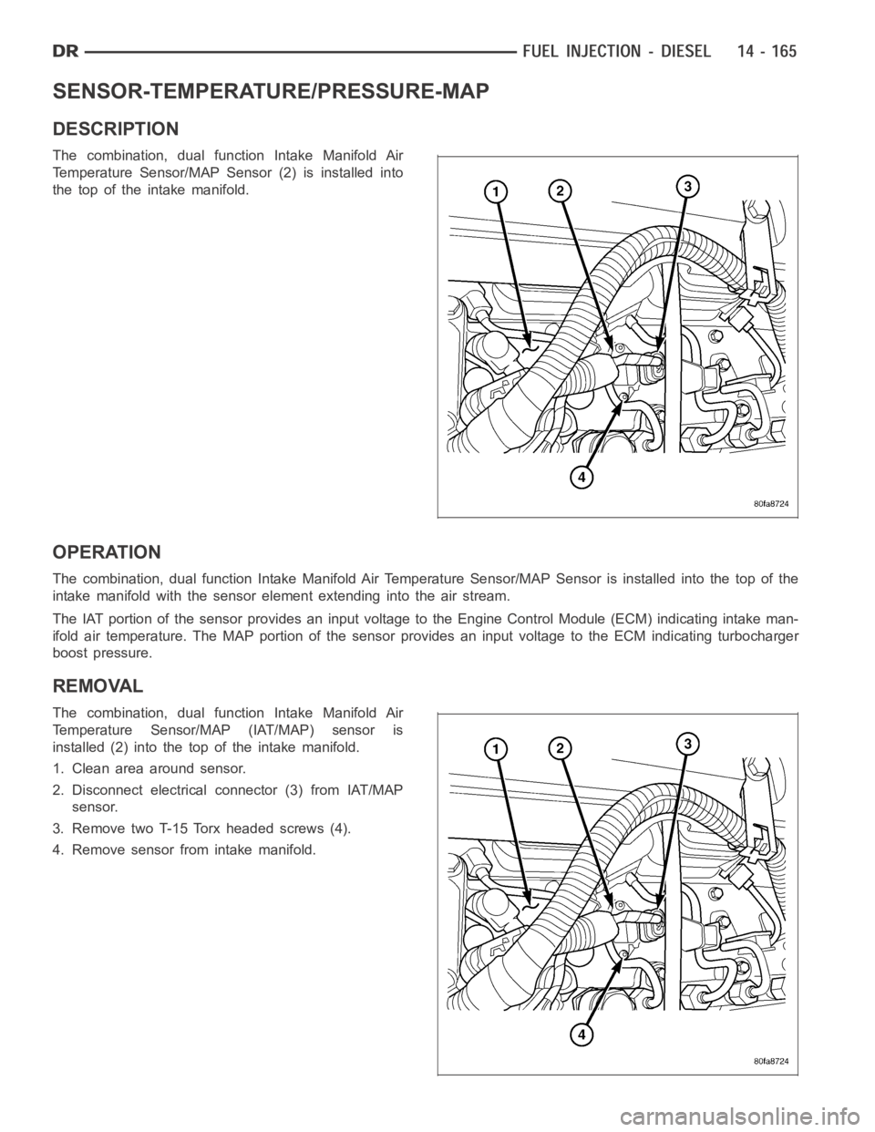 DODGE RAM SRT-10 2006 Service Repair Manual SENSOR-TEMPERATURE/PRESSURE-MAP
DESCRIPTION
The combination, dual function Intake Manifold Air
Temperature Sensor/MAP Sensor (2) is installed into
the top of the intake manifold.
OPERATION
The combina DODGE RAM SRT-10 2006 Service Repair Manual SENSOR-TEMPERATURE/PRESSURE-MAP
DESCRIPTION
The combination, dual function Intake Manifold Air
Temperature Sensor/MAP Sensor (2) is installed into
the top of the intake manifold.
OPERATION
The combina