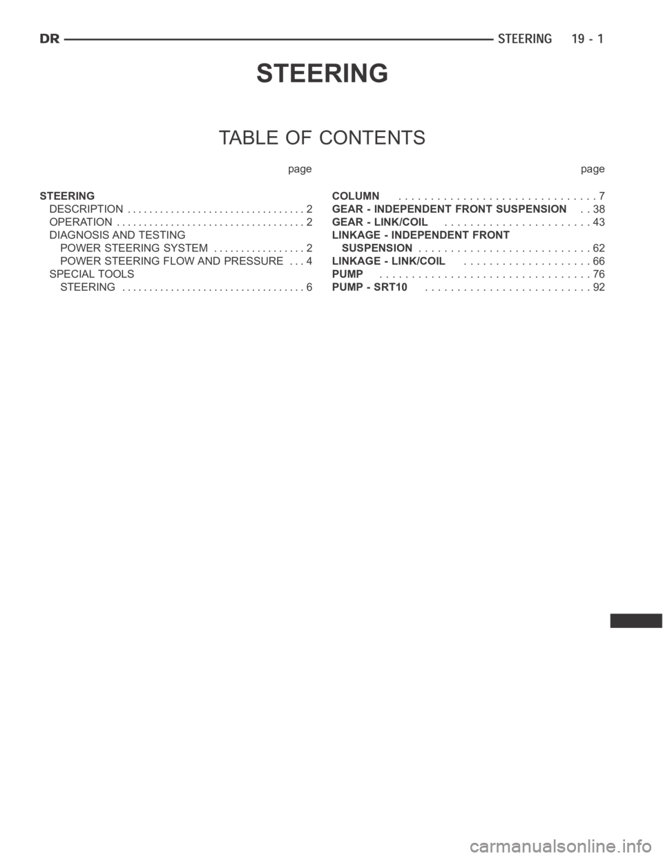 DODGE RAM SRT-10 2006 Service Repair Manual STEERING
TABLE OF CONTENTS
page page
STEERING
DESCRIPTION ................................. 2
OPERATION ................................... 2
DIAGNOSIS AND TESTING
POWER STEERING SYSTEM .............. DODGE RAM SRT-10 2006 Service Repair Manual STEERING
TABLE OF CONTENTS
page page
STEERING
DESCRIPTION ................................. 2
OPERATION ................................... 2
DIAGNOSIS AND TESTING
POWER STEERING SYSTEM ..............